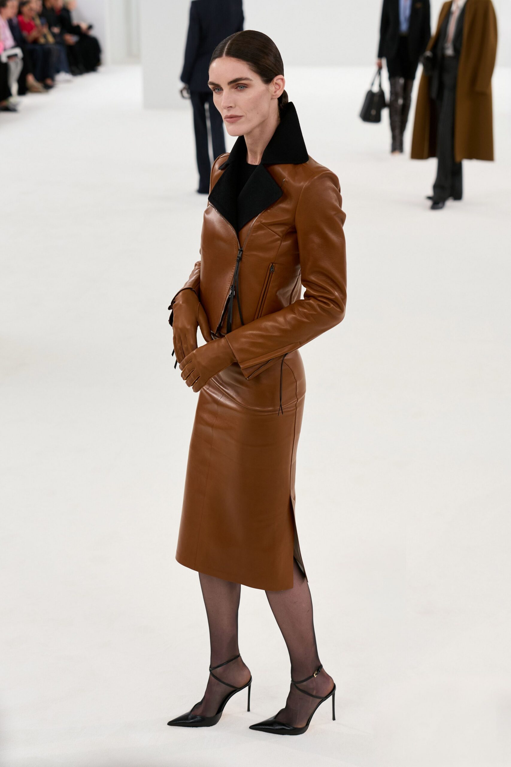 brown leather long-sleeve v-neck fitted midi dress