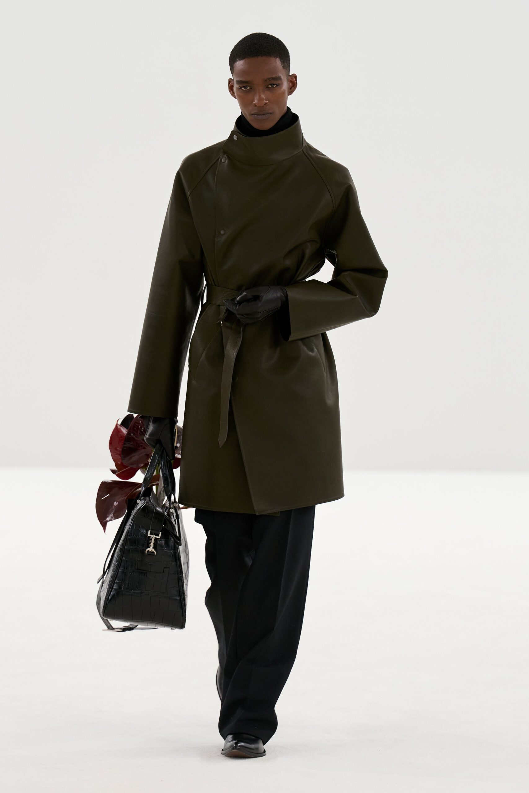green leather long-sleeve collared fitted belted coat