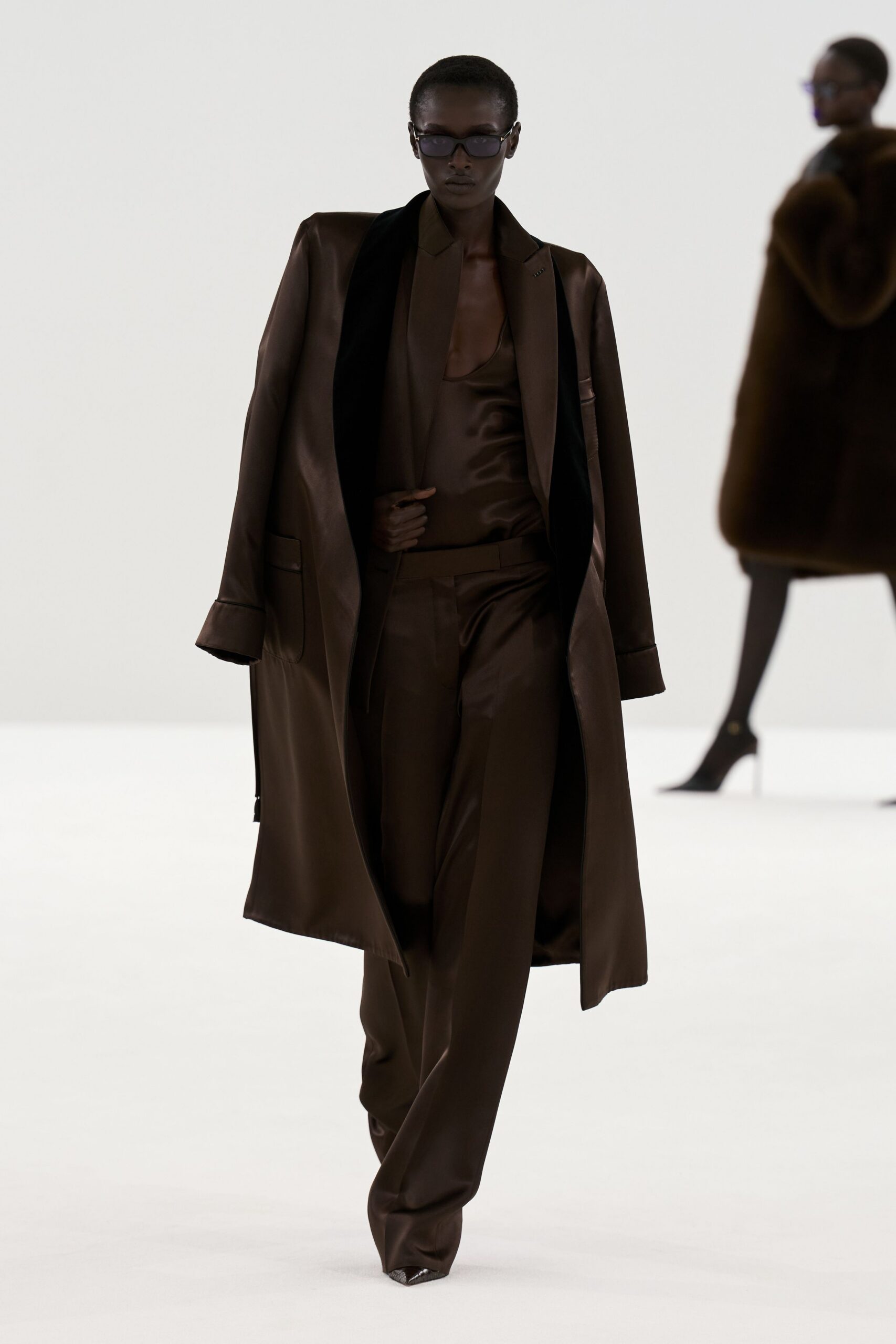 brown silk long-sleeve collared relaxed shiny coat