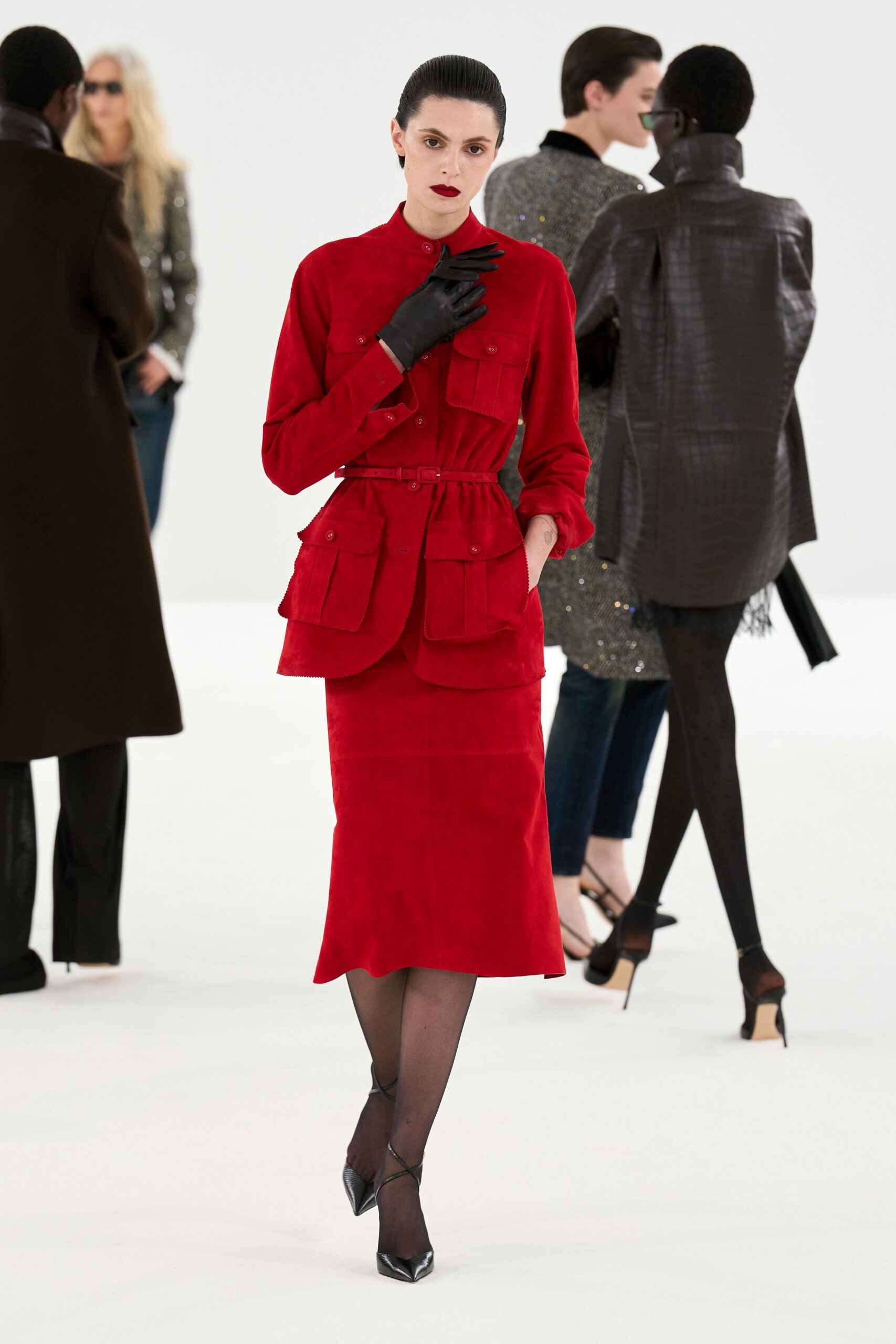 red suede long-sleeve collared fitted pockets belted dress