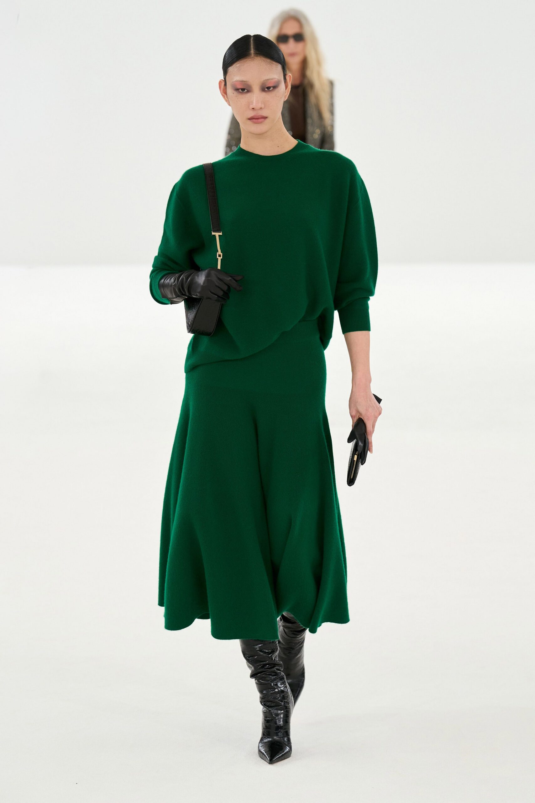 green wool long-sleeve collared relaxed draped top