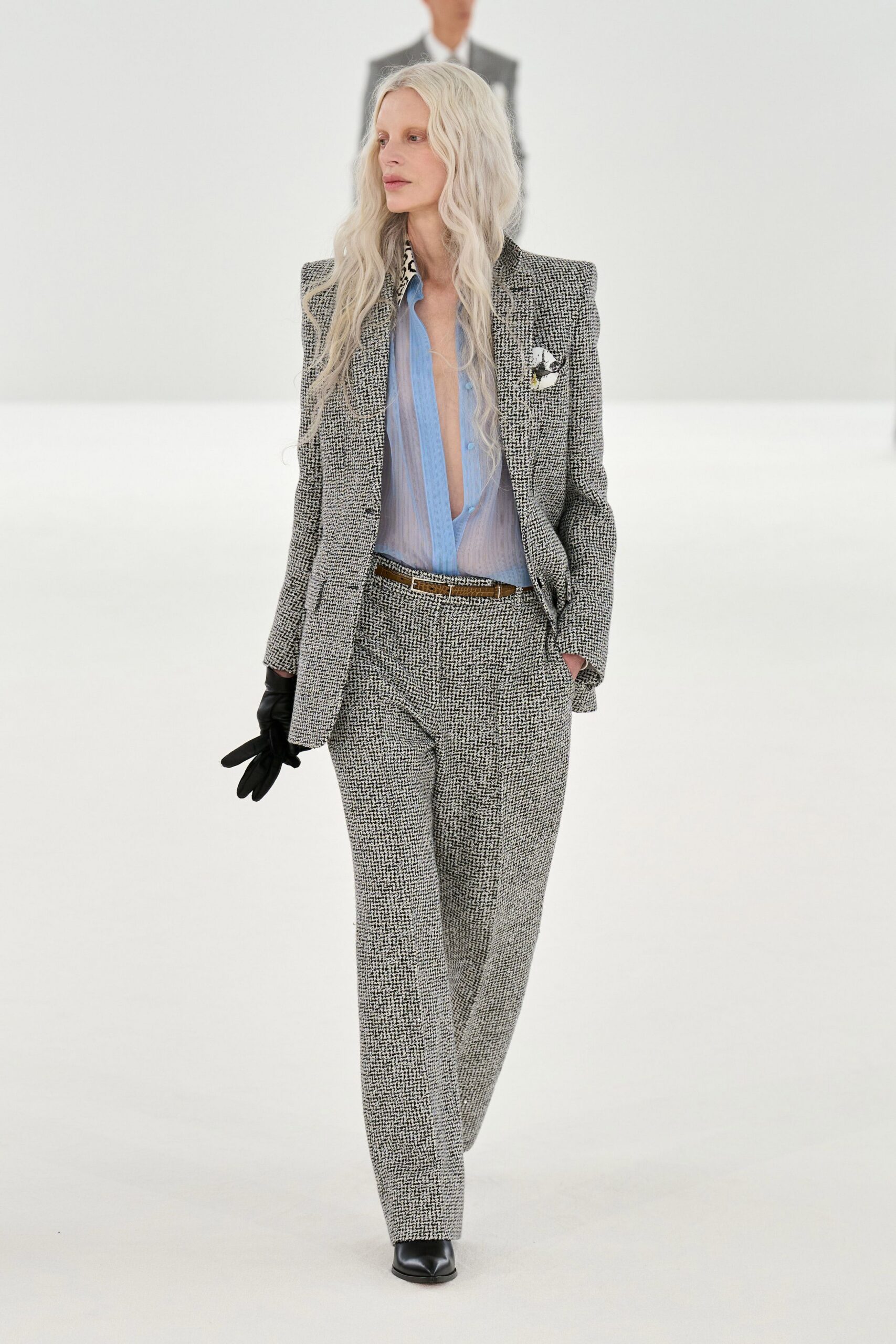 blue silk long-sleeve collared relaxed sheer shirt