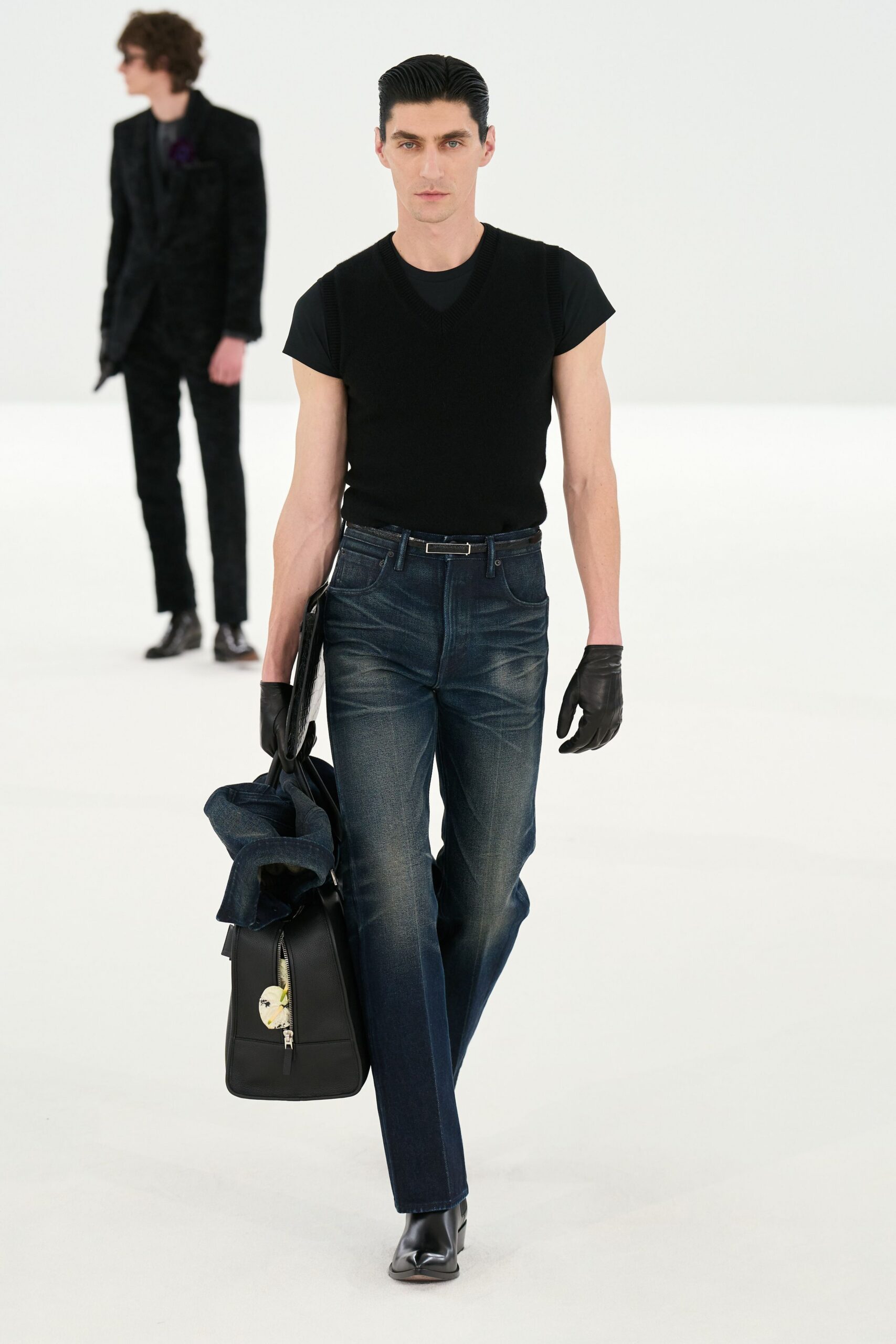 blue denim tailored straight-leg pants