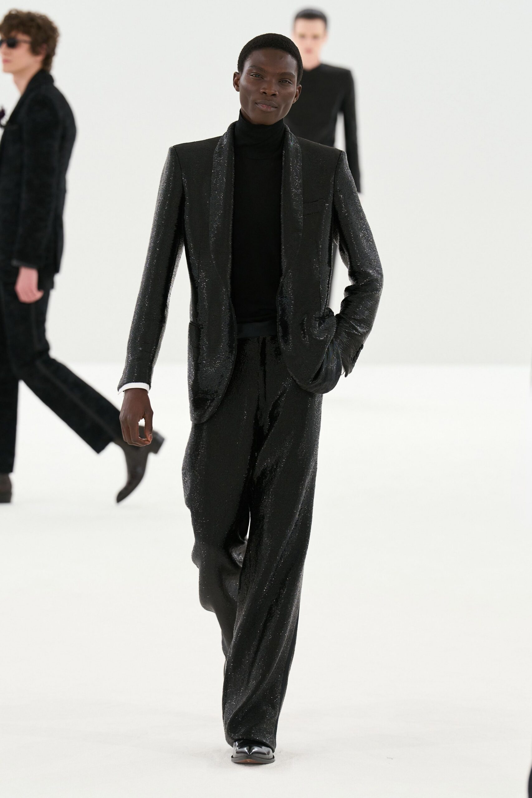 black velvet long-sleeve collared tailored textured shiny suit
