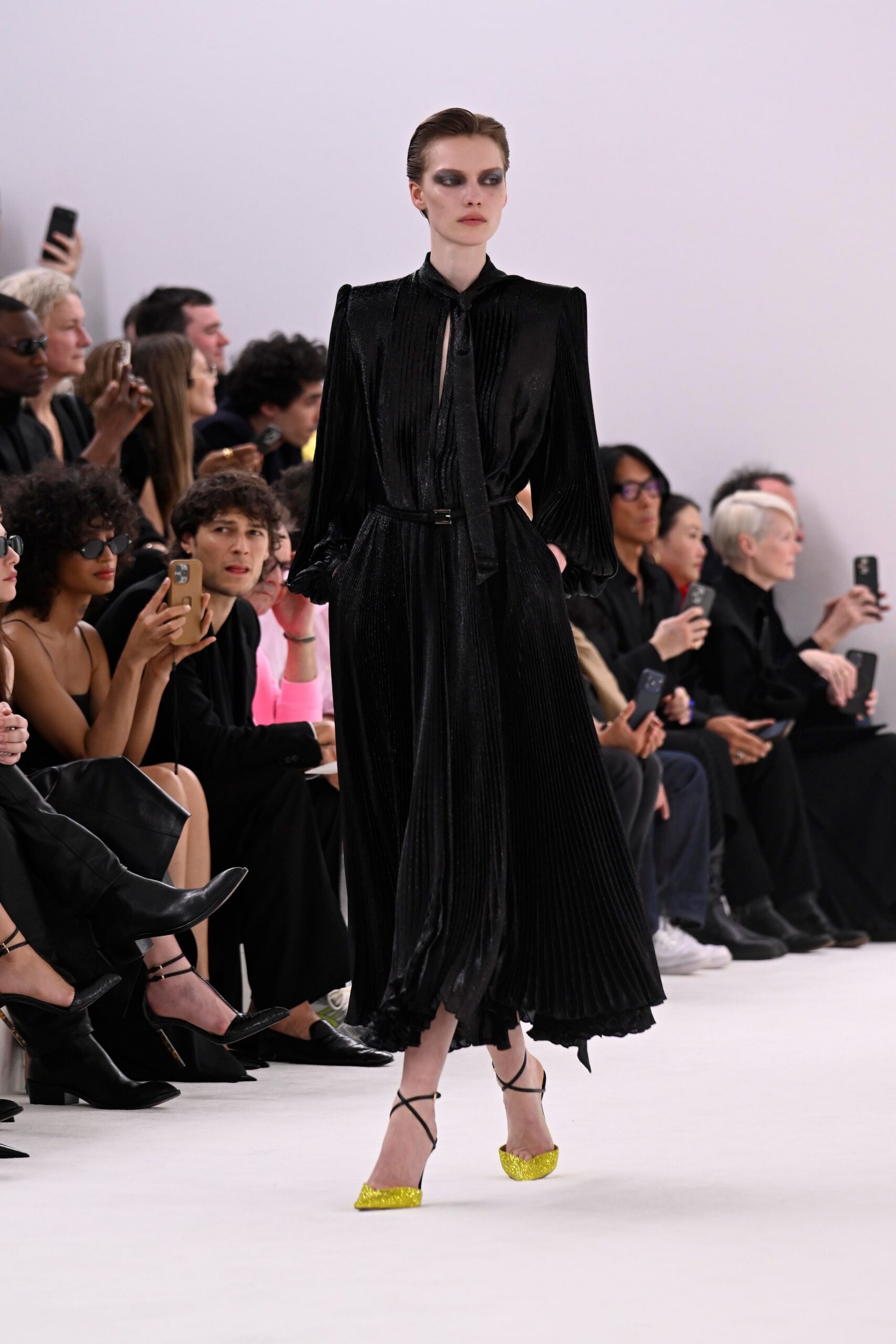 black silk long-sleeve collared fitted pleated belted dress