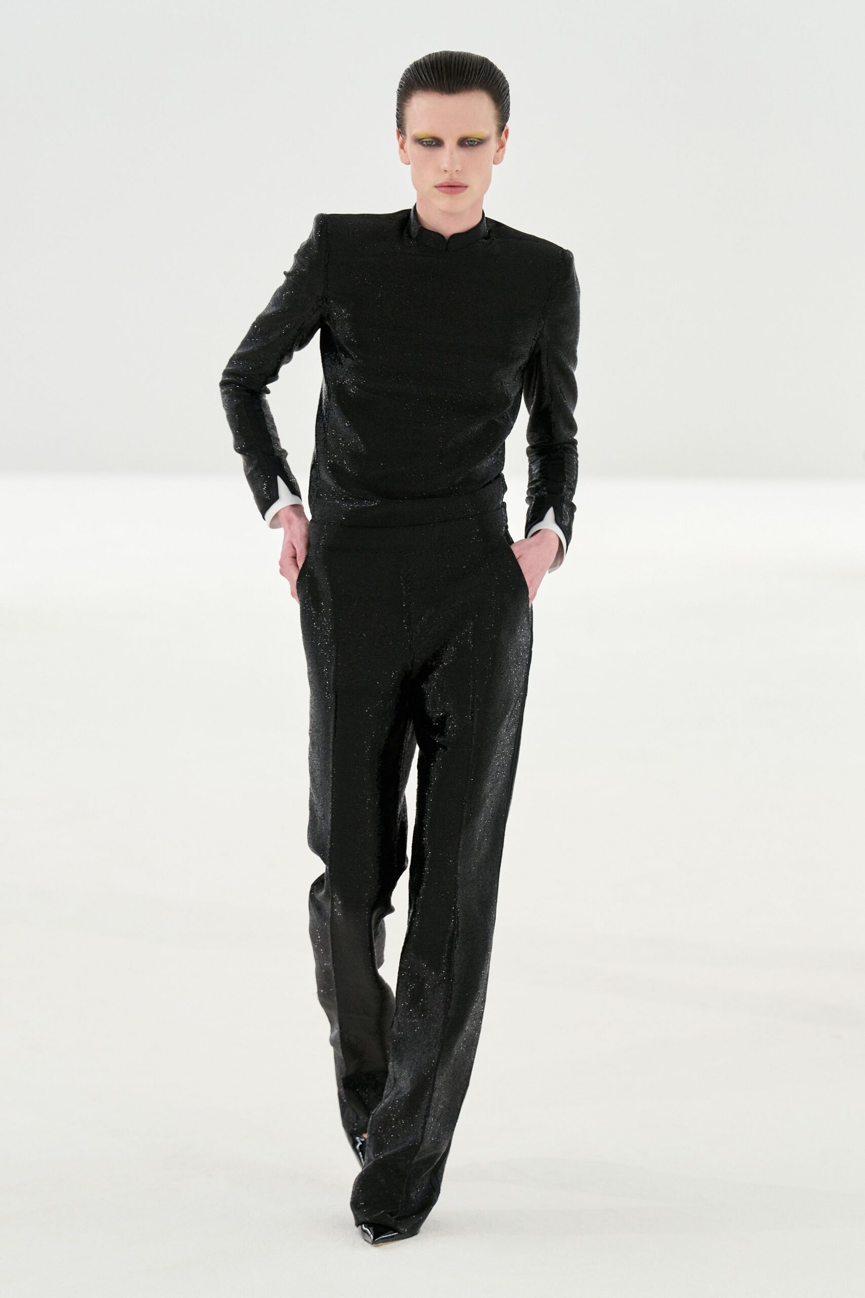 black silk long-sleeve collared fitted zippered jumpsuit