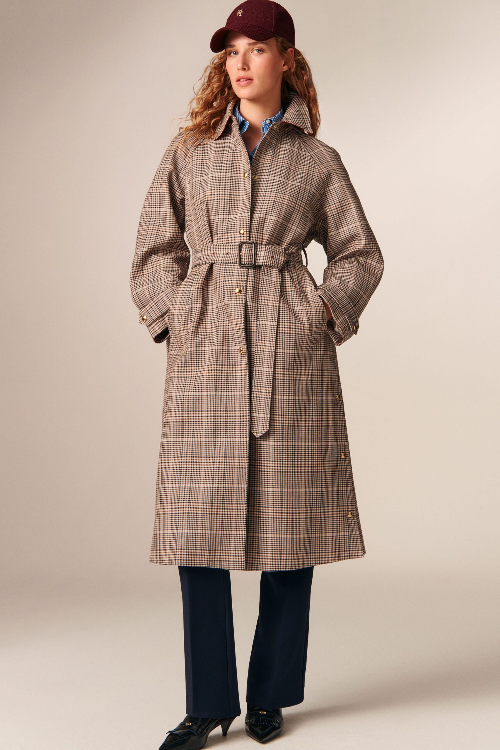 brown cotton long-sleeve collared relaxed belted checked coat