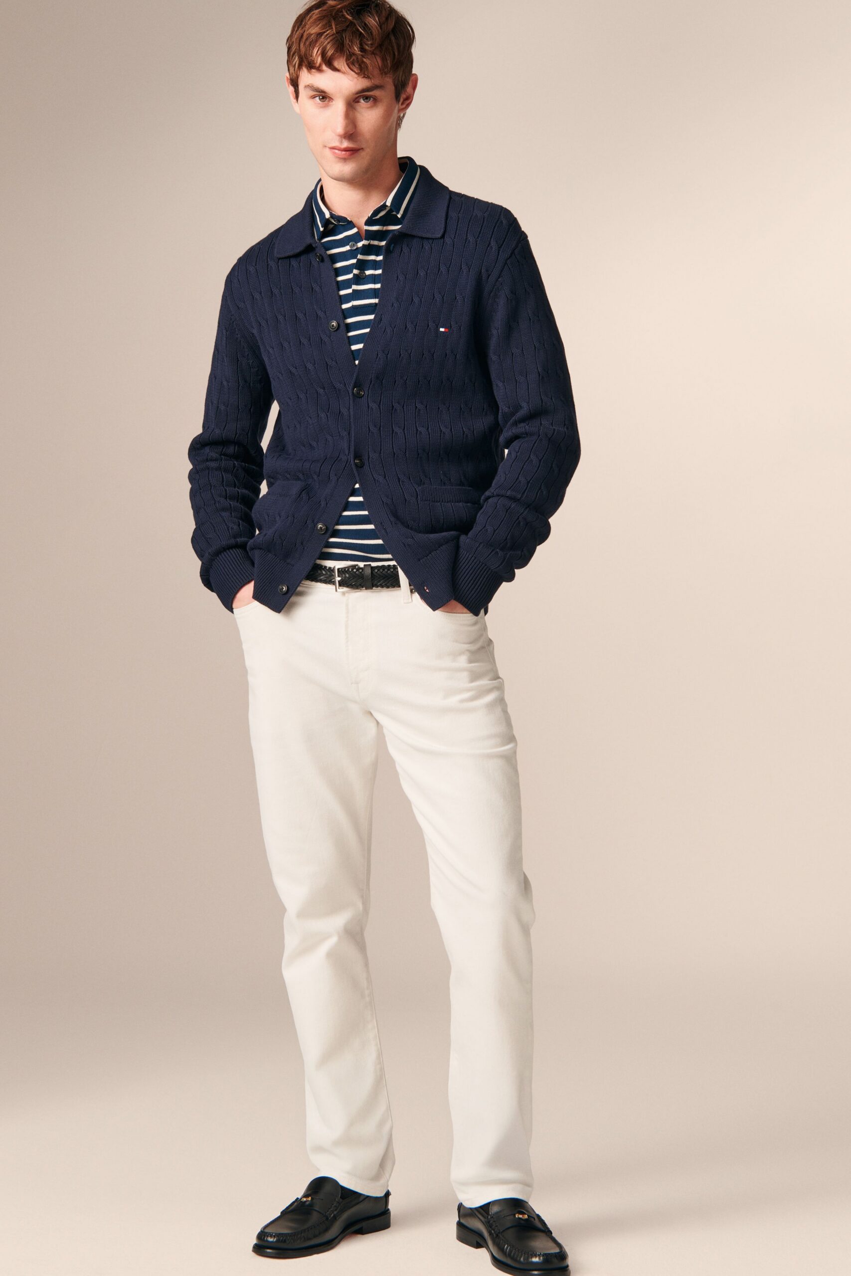 blue cotton long-sleeve collared fitted textured cardigan