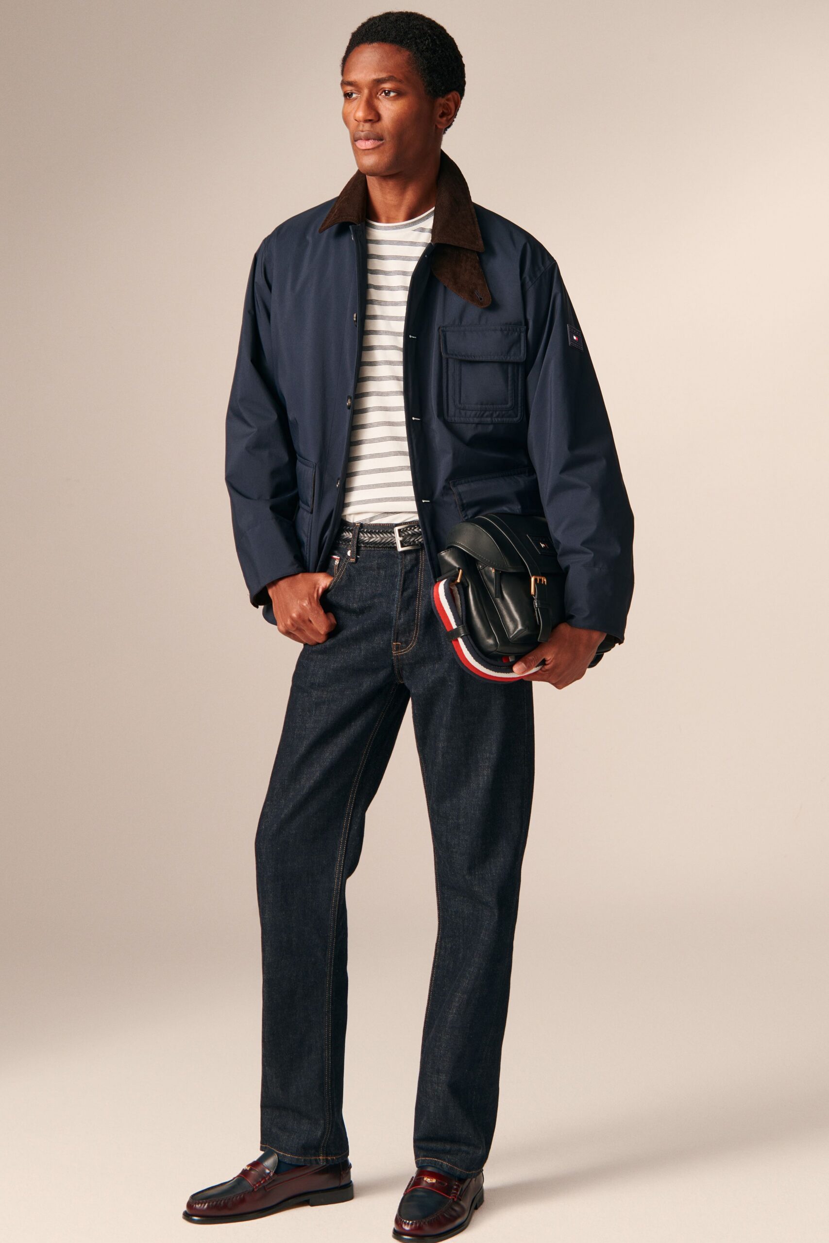 navy jacket with striped shirt