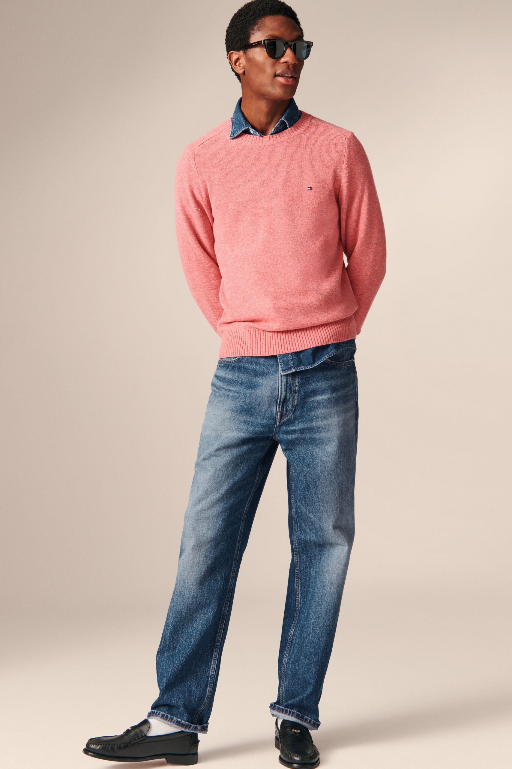 pink cotton long-sleeve collared relaxed sweater
