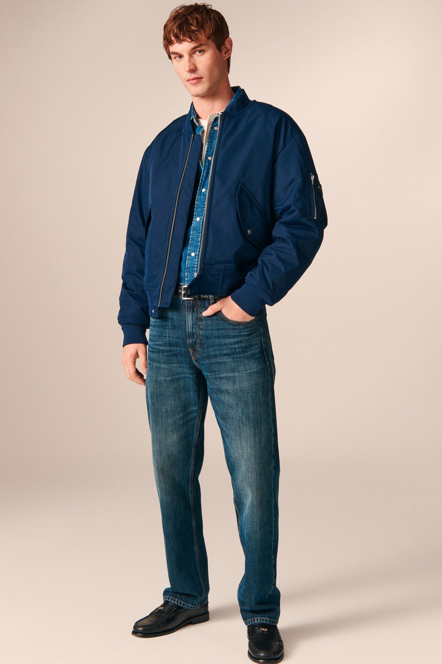 blue jacket with jeans