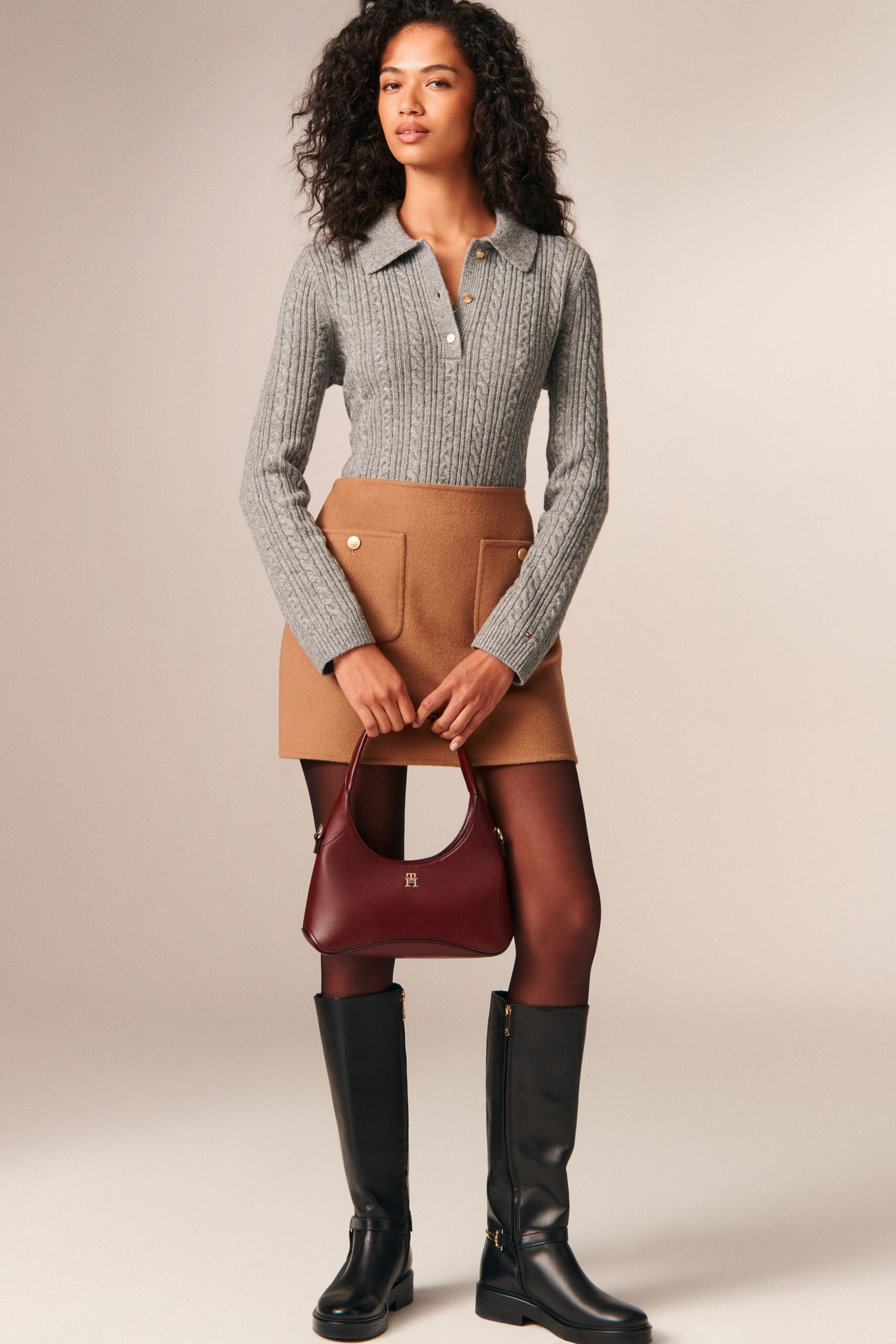 gray cotton long-sleeve collared fitted ribbed top