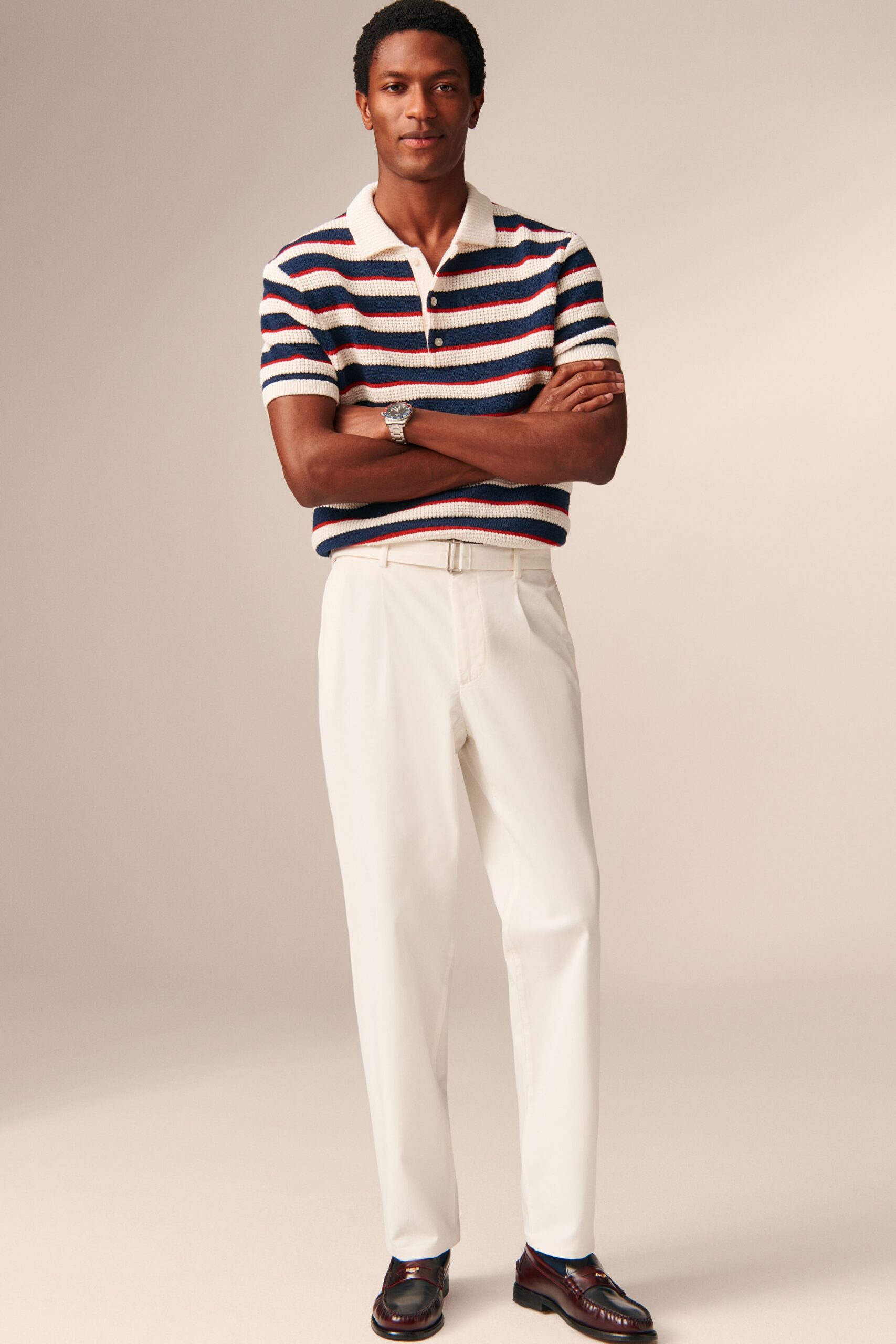 striped shirt with white pants