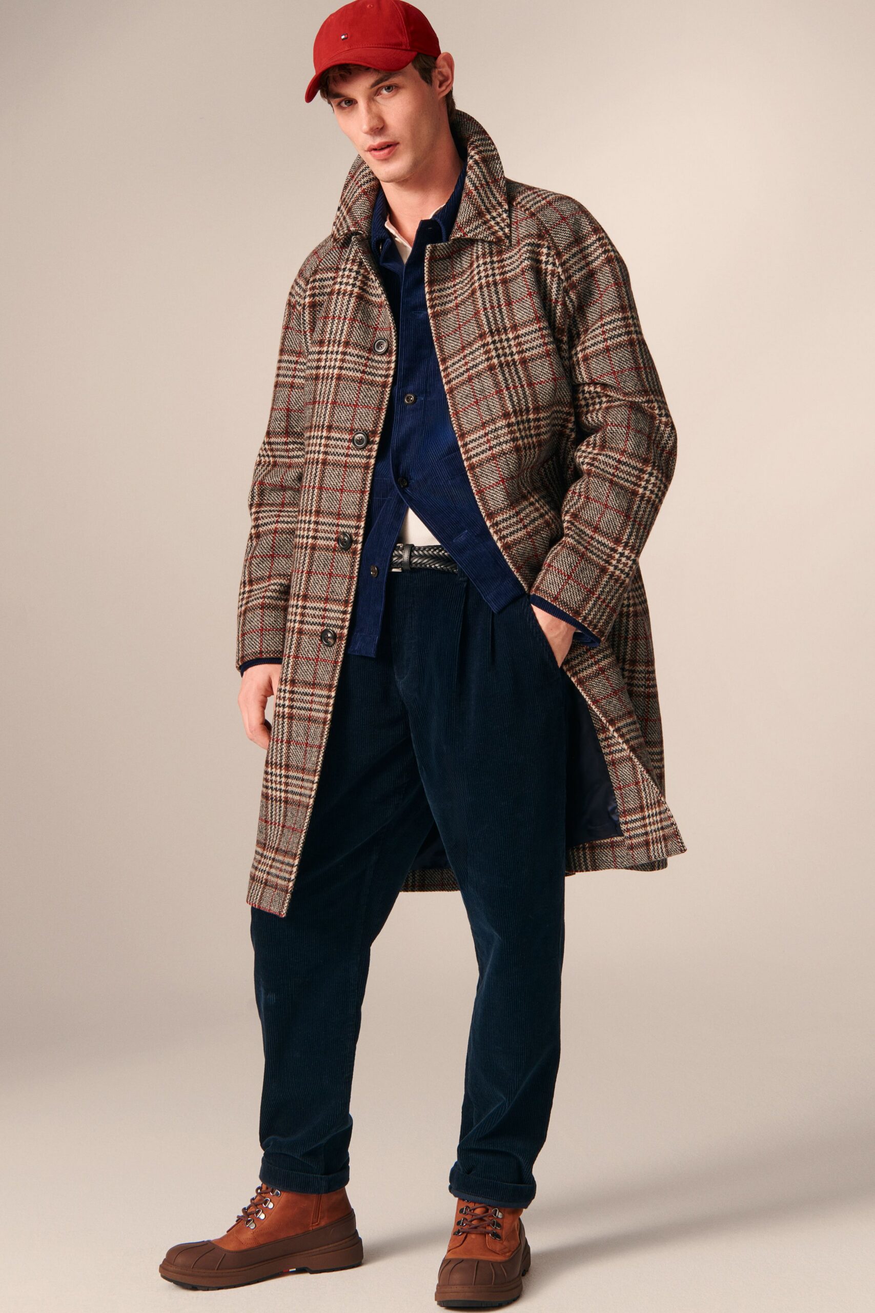 checked wool coat with blue shirt
