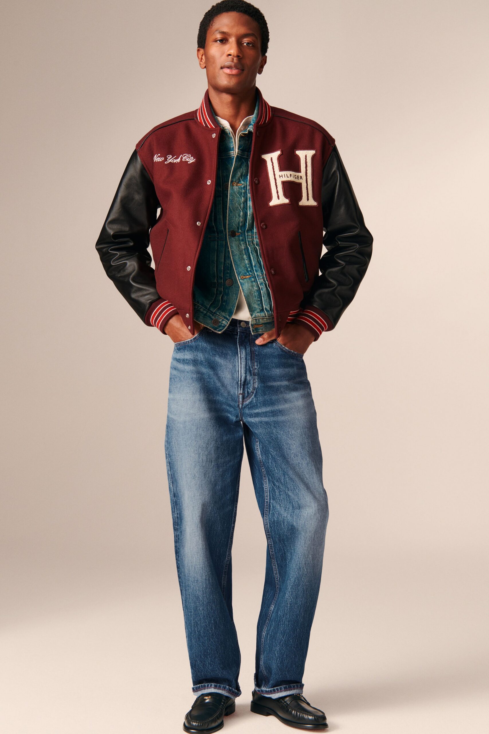 red cotton long-sleeve collared relaxed buttoned jacket