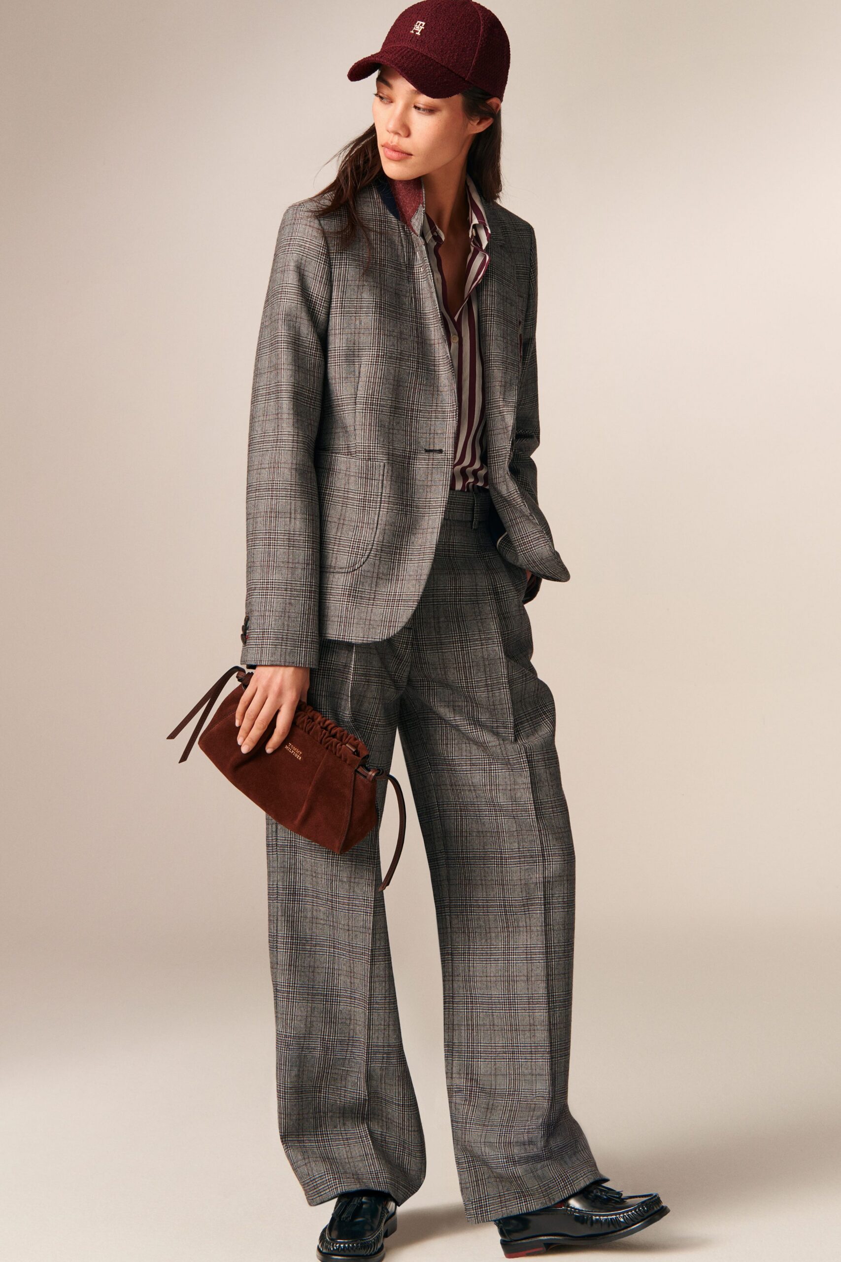 gray tailored suit with cap
