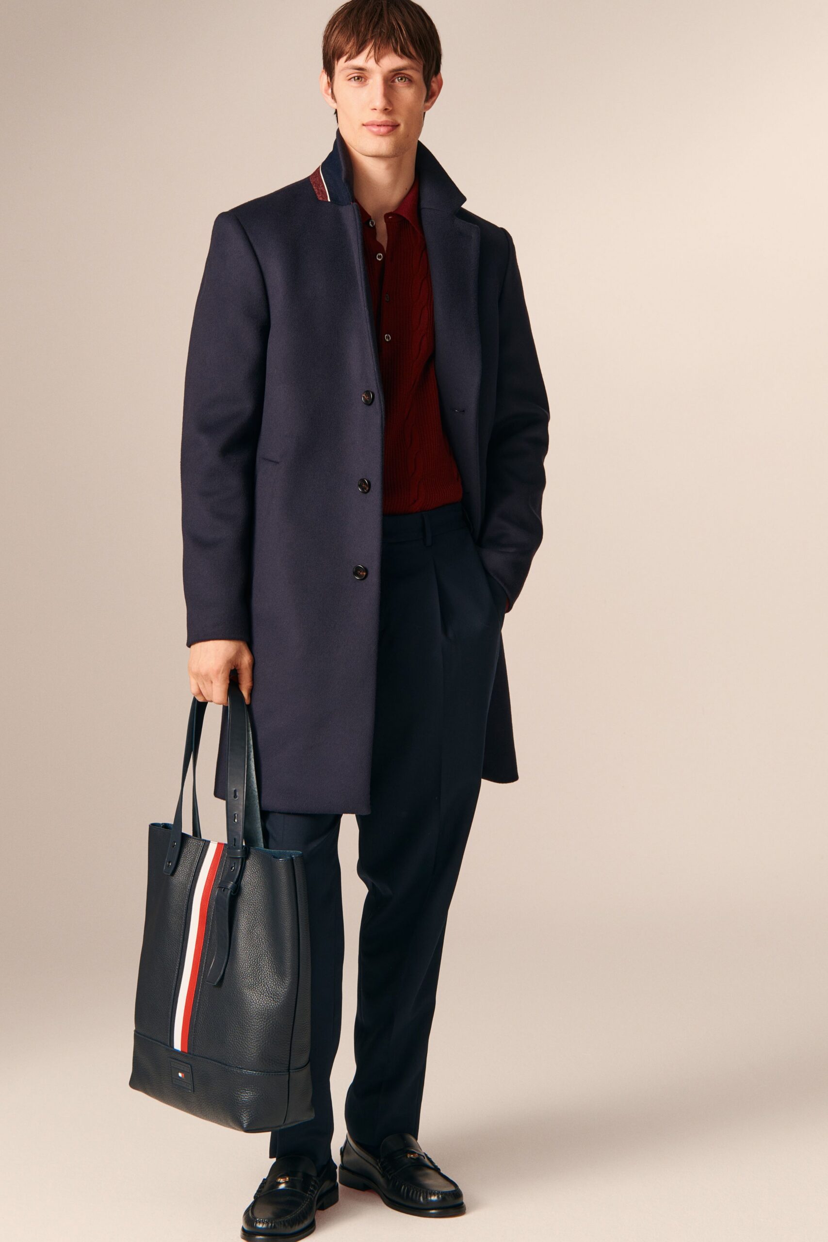 blue wool long-sleeve collared structured buttoned coat