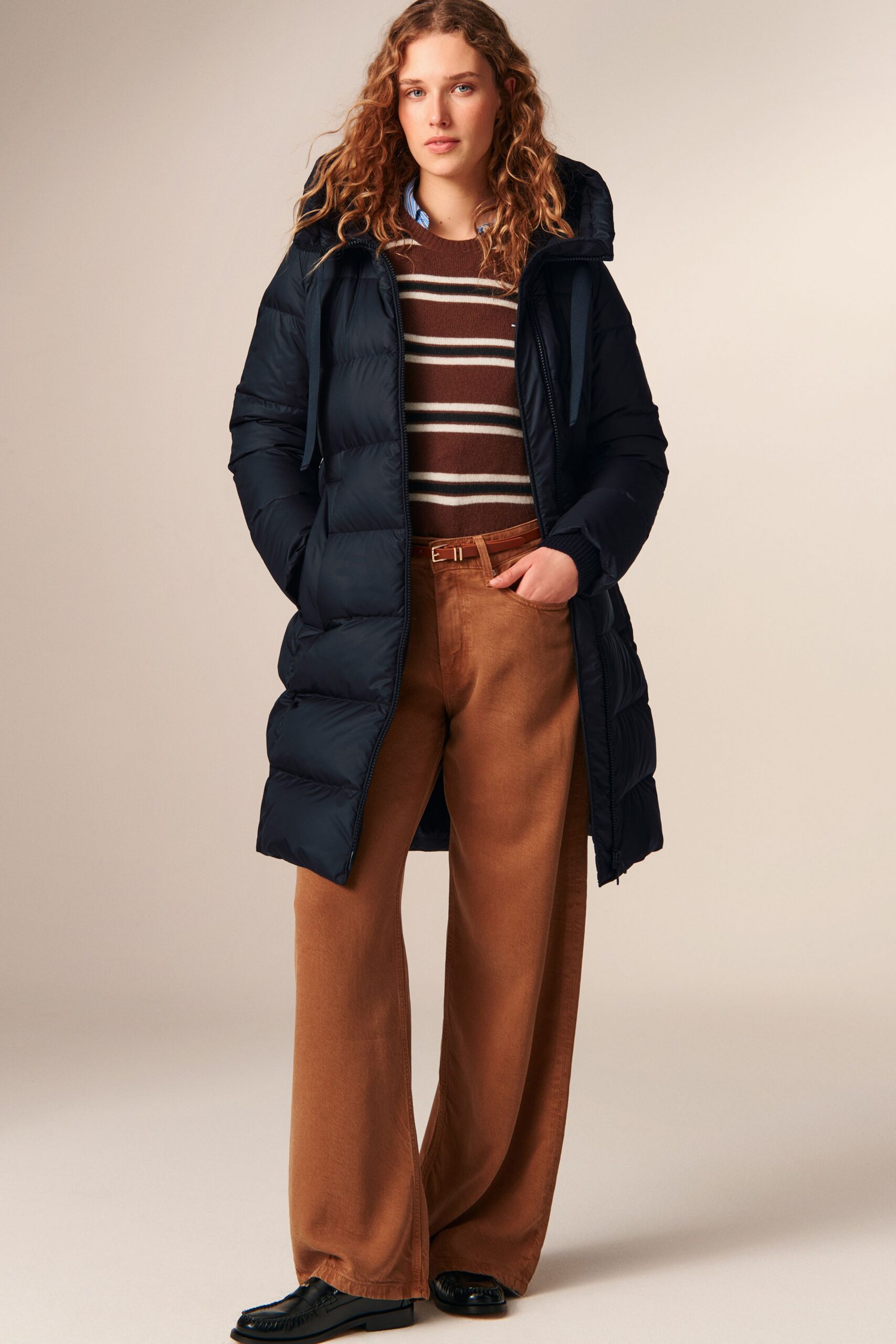 navy padded coat with striped top