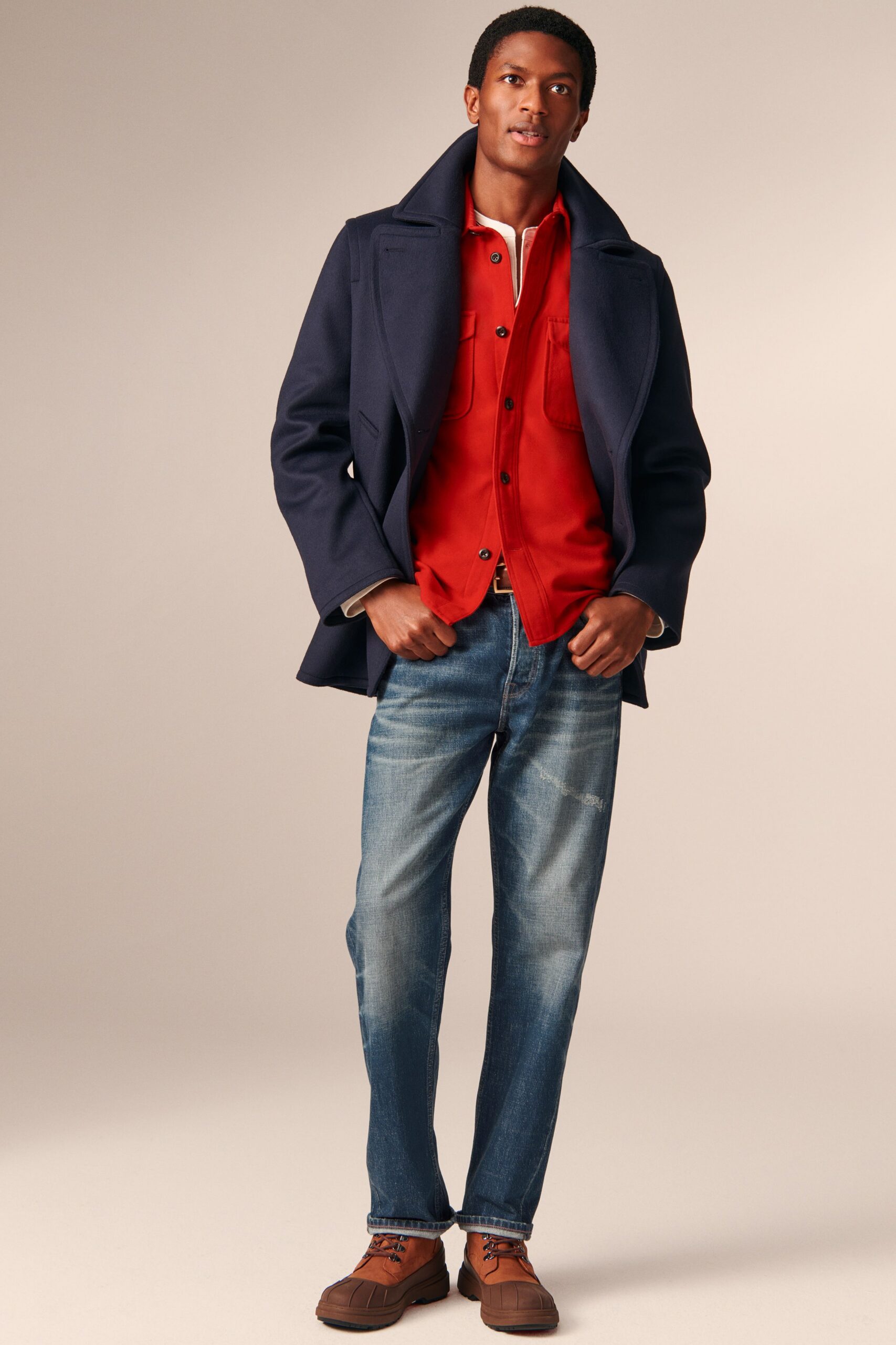 blue wool long-sleeve collared structured coat