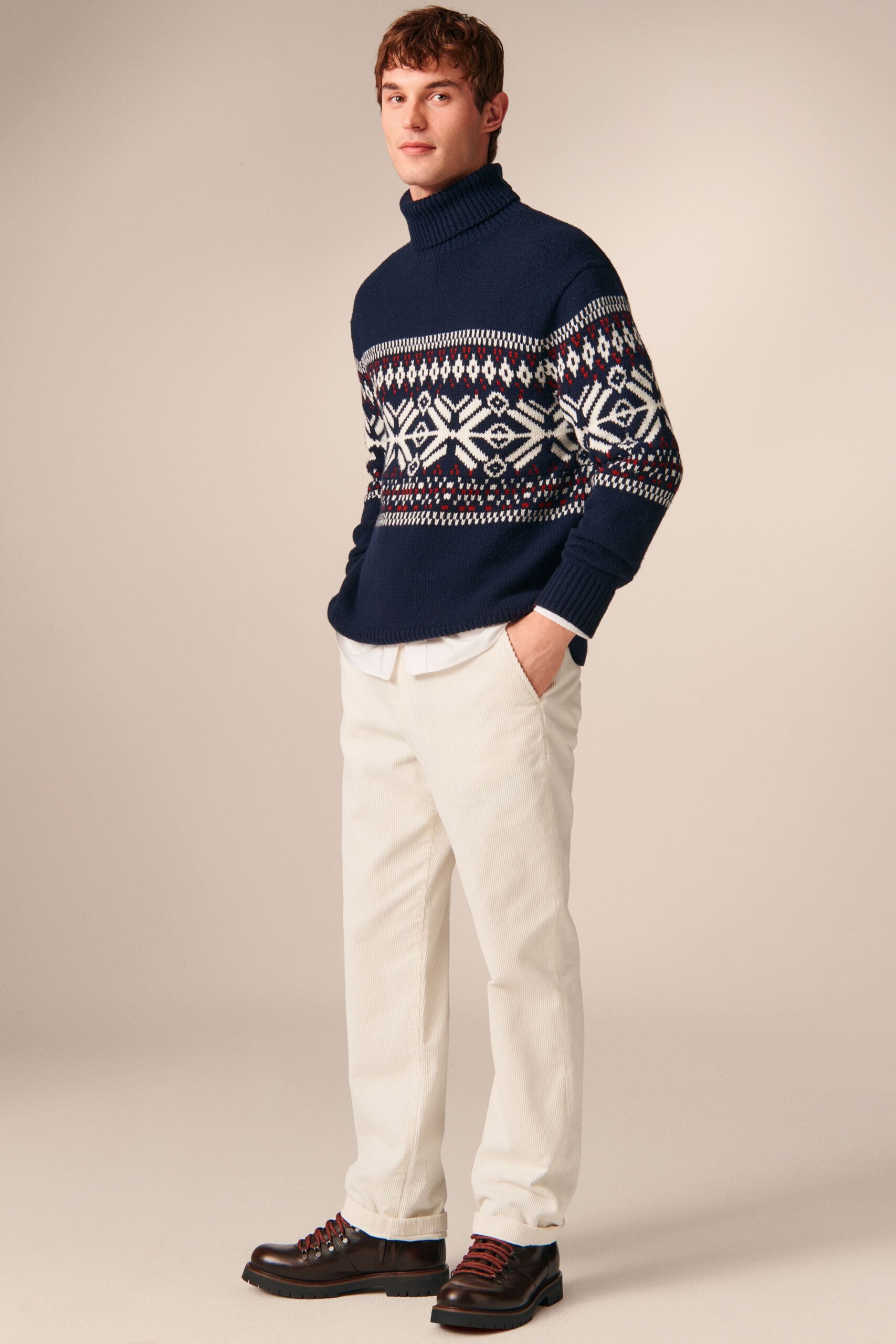 navy wool sweater with printed design