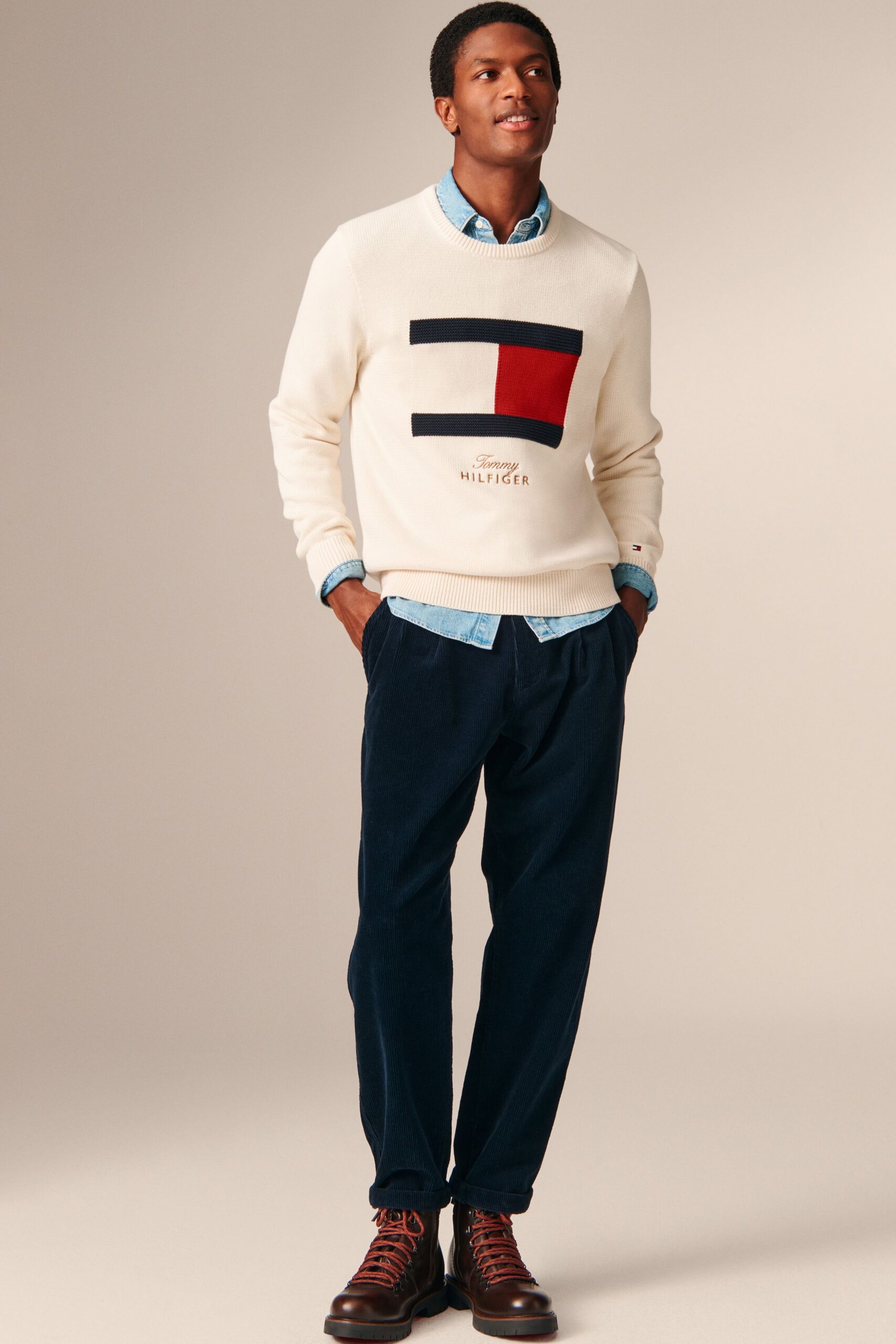 white color-blocked sweater with relaxed shirt