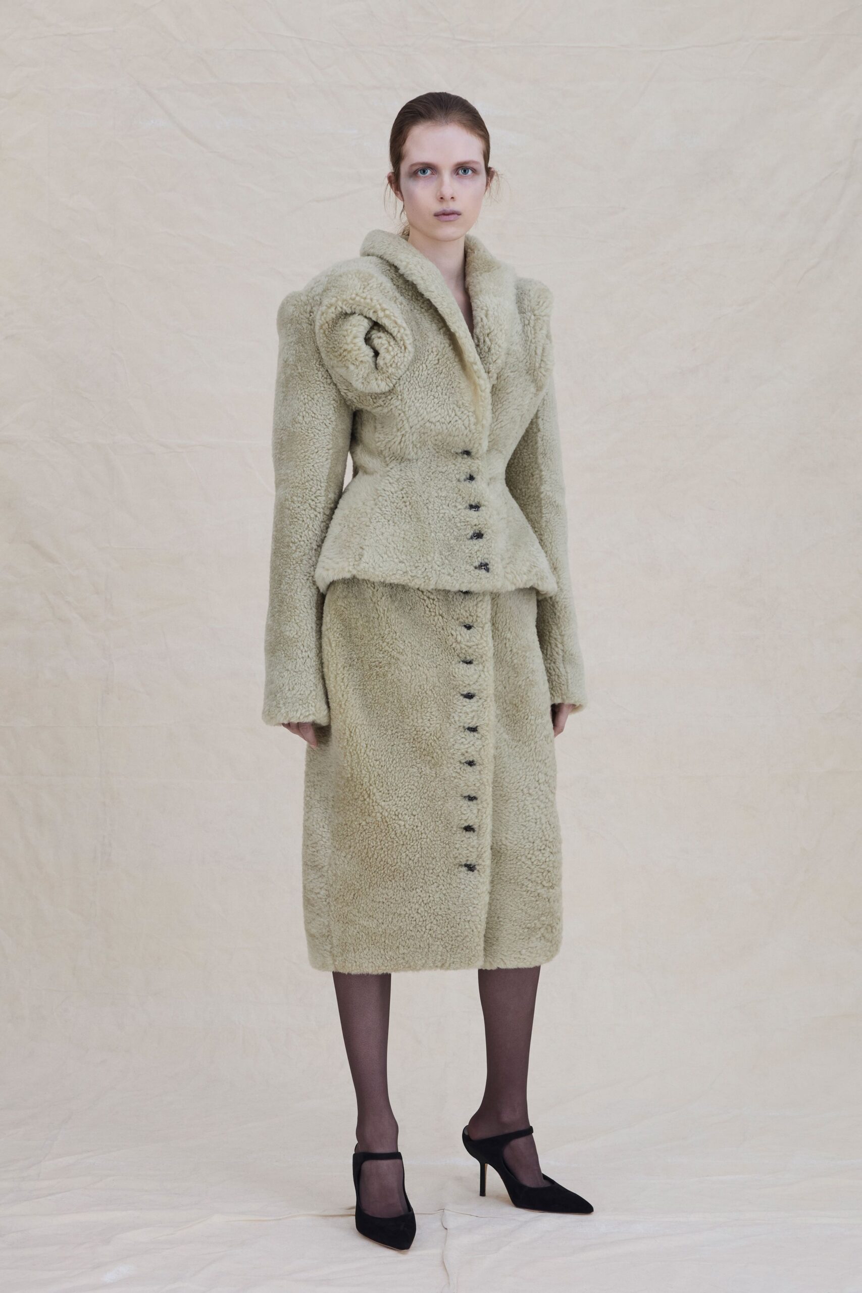 beige faux-fur long-sleeve collared structured buttoned midi coat
