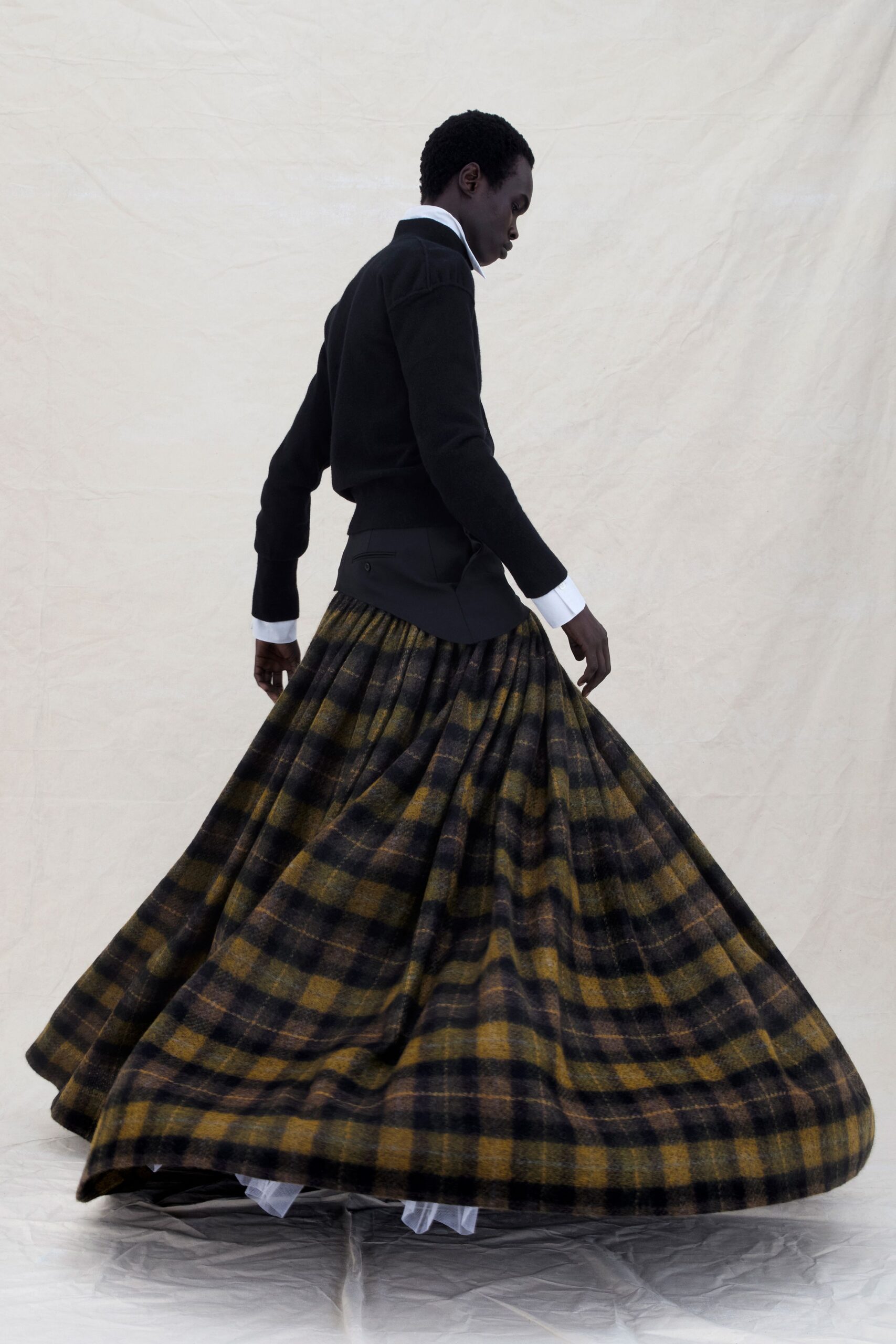 black wool relaxed checked pleated maxi skirt