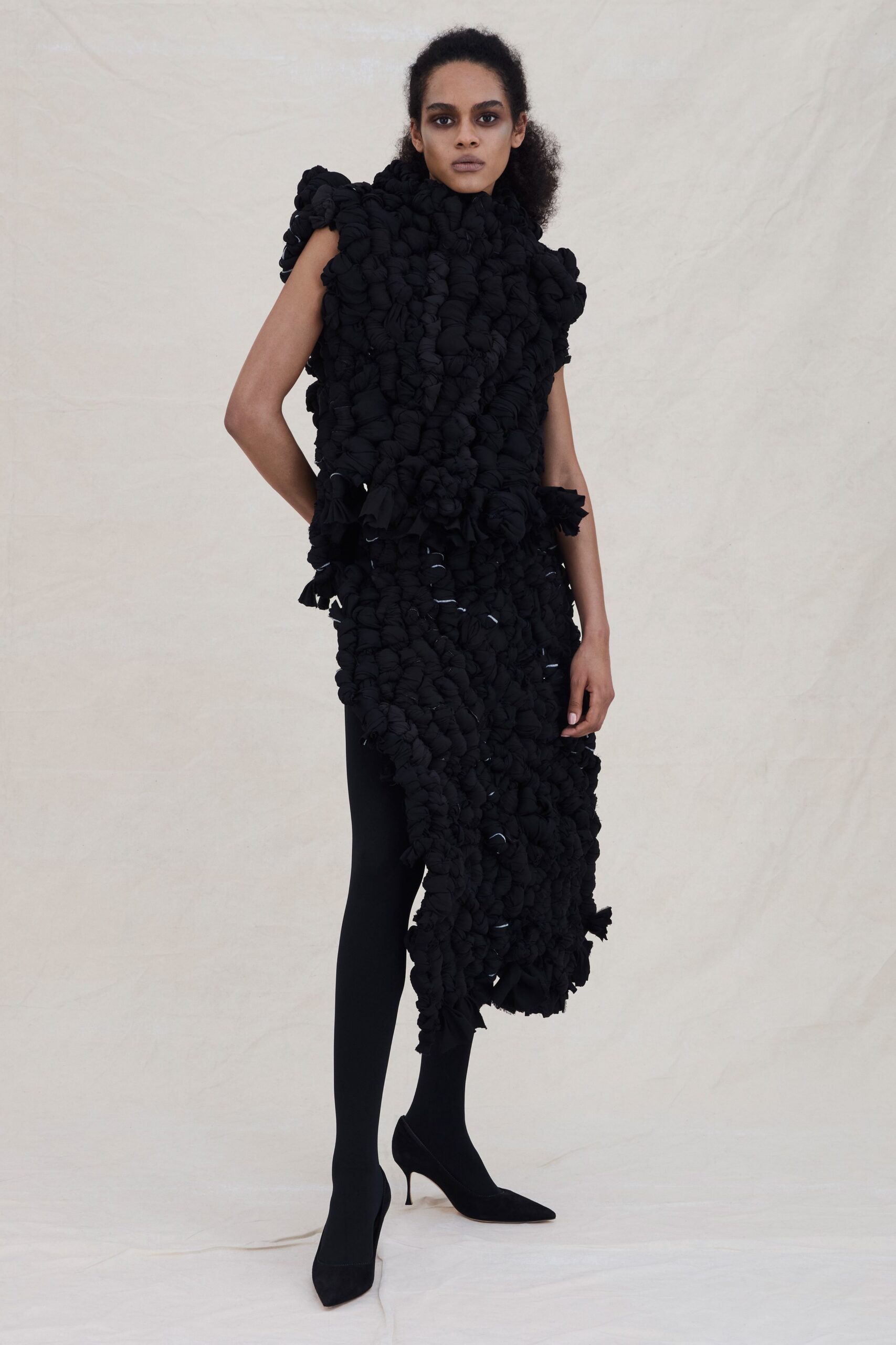 black cotton sleeveless asymmetric fitted ruffled midi dress