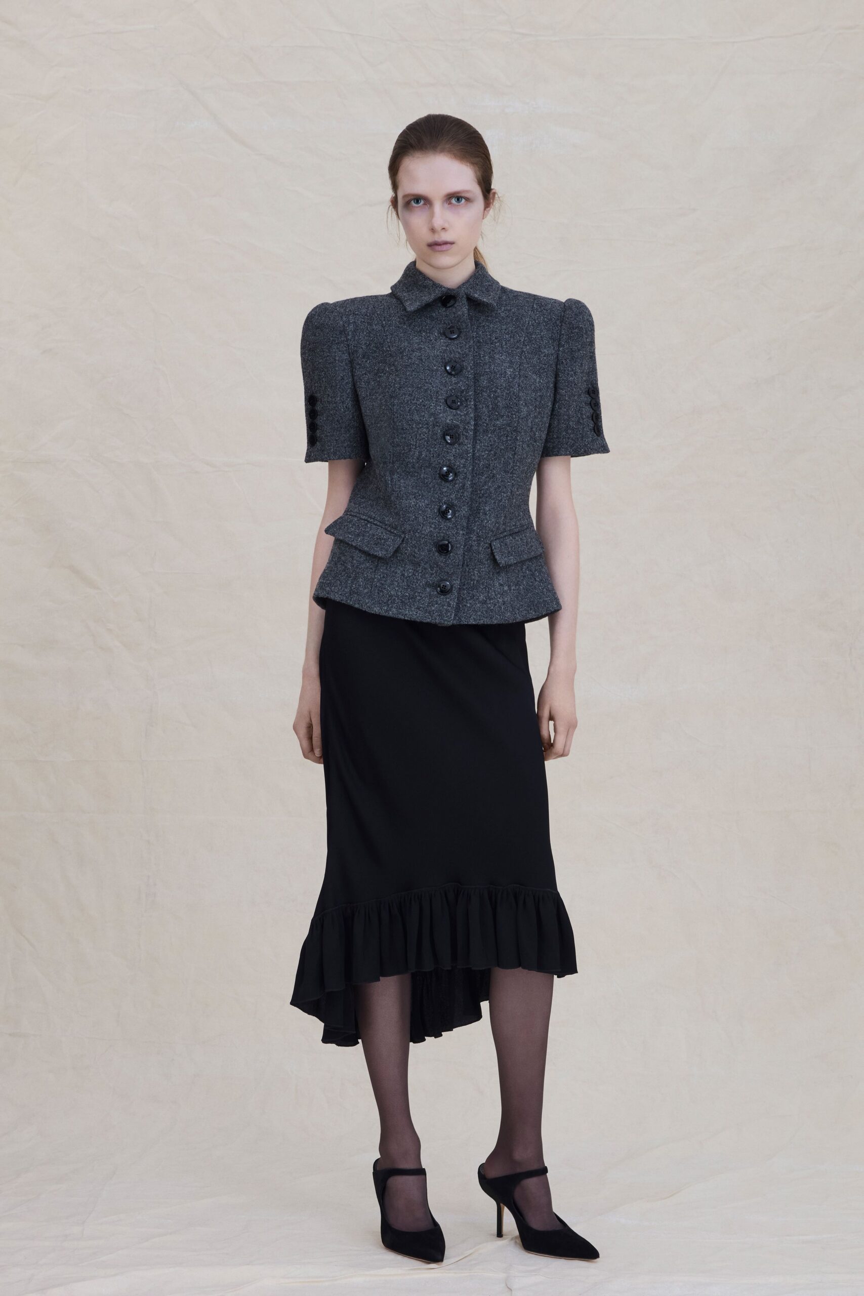 gray tweed blazer with black skirt