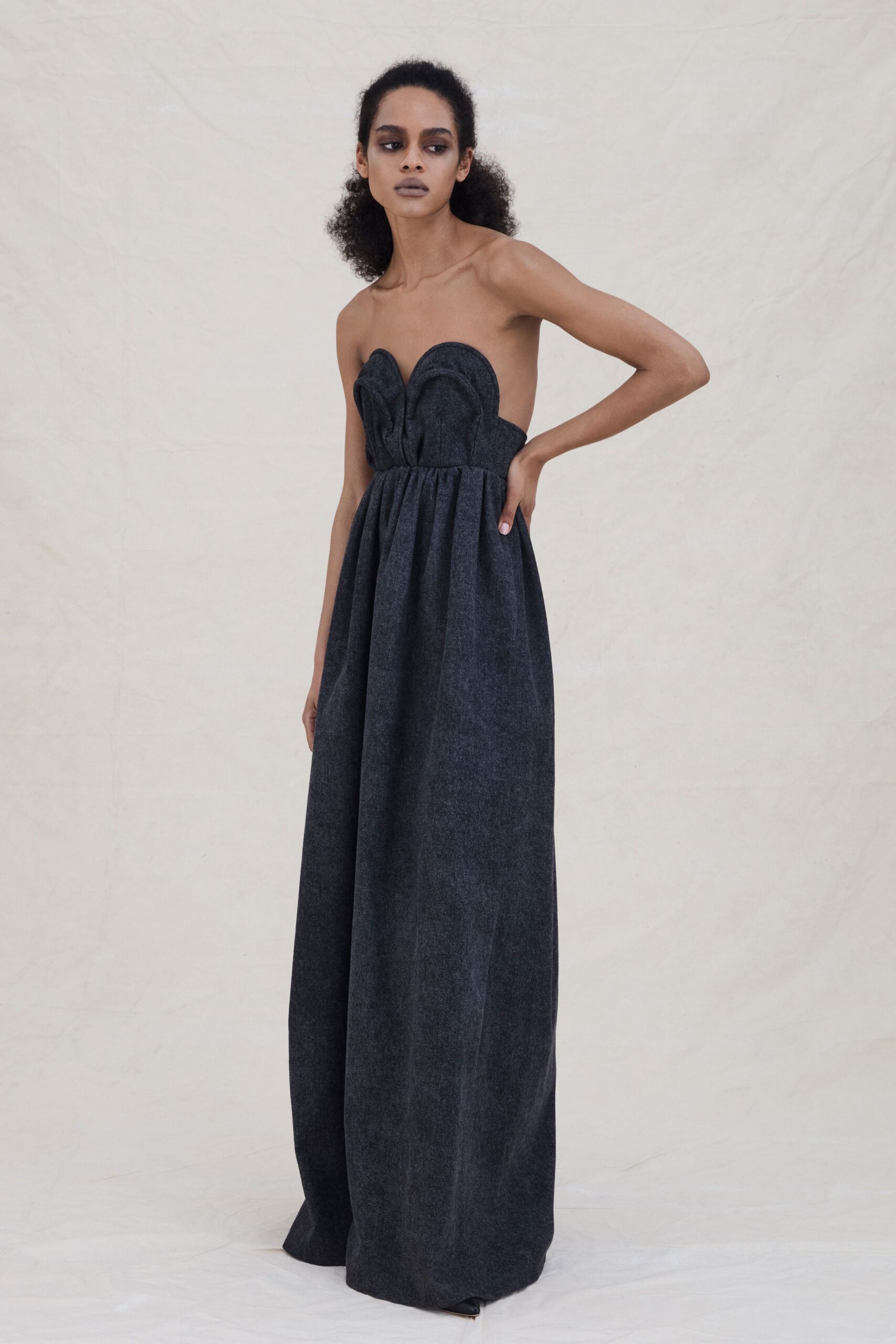 black denim strapless gown