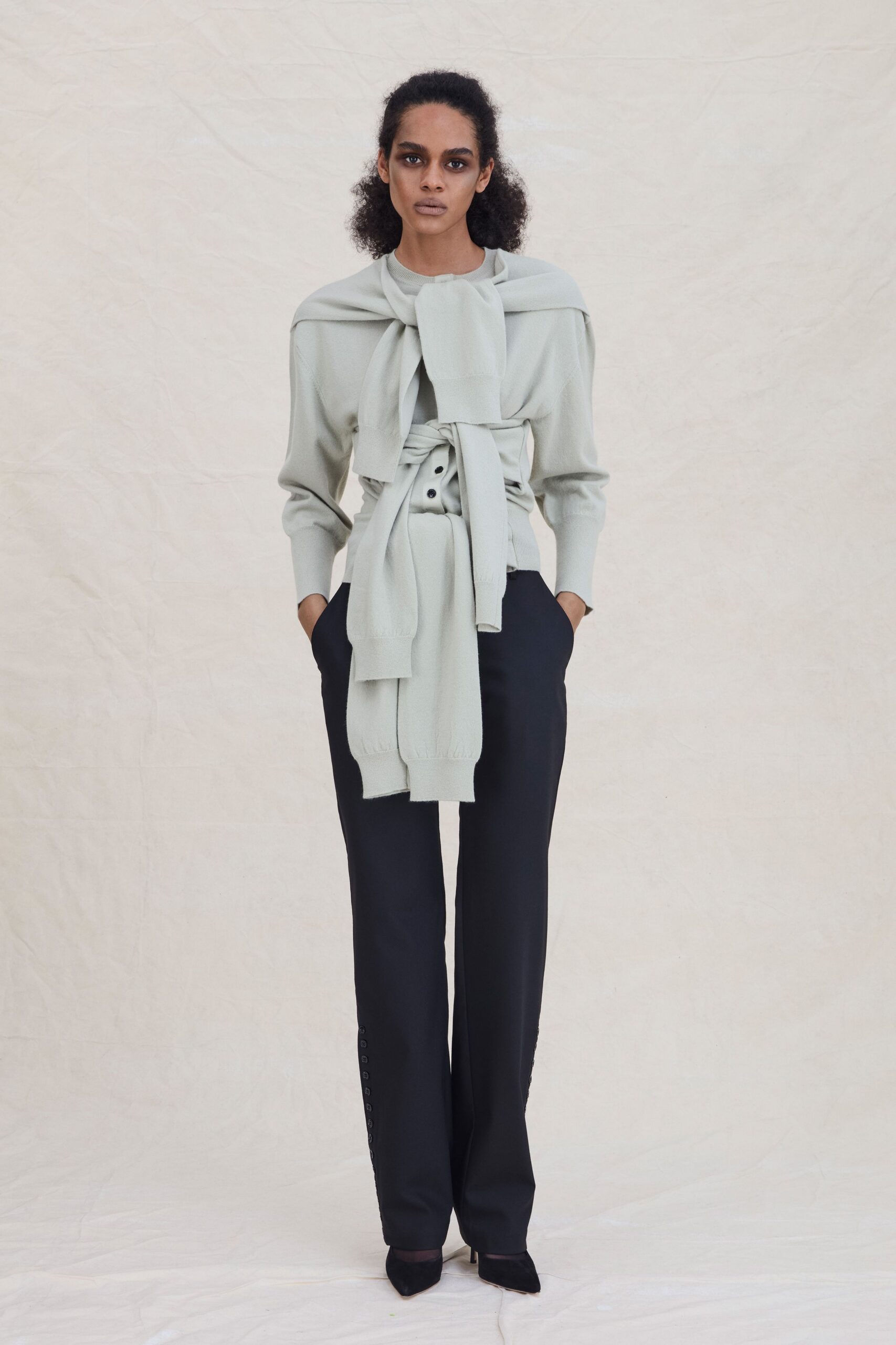 gray wool long-sleeve collared fitted layered belted top