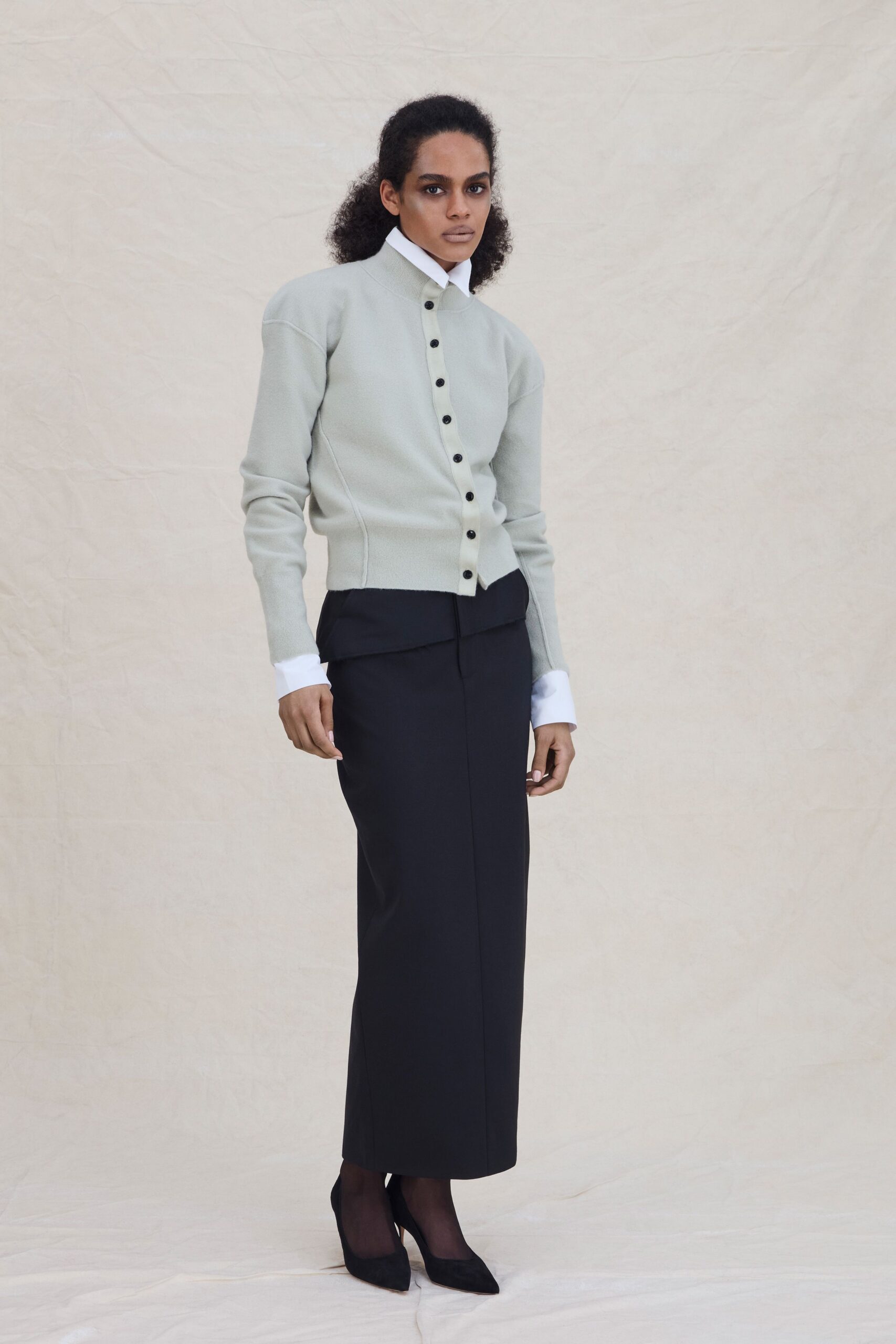 black cotton fitted straight-leg midi skirt