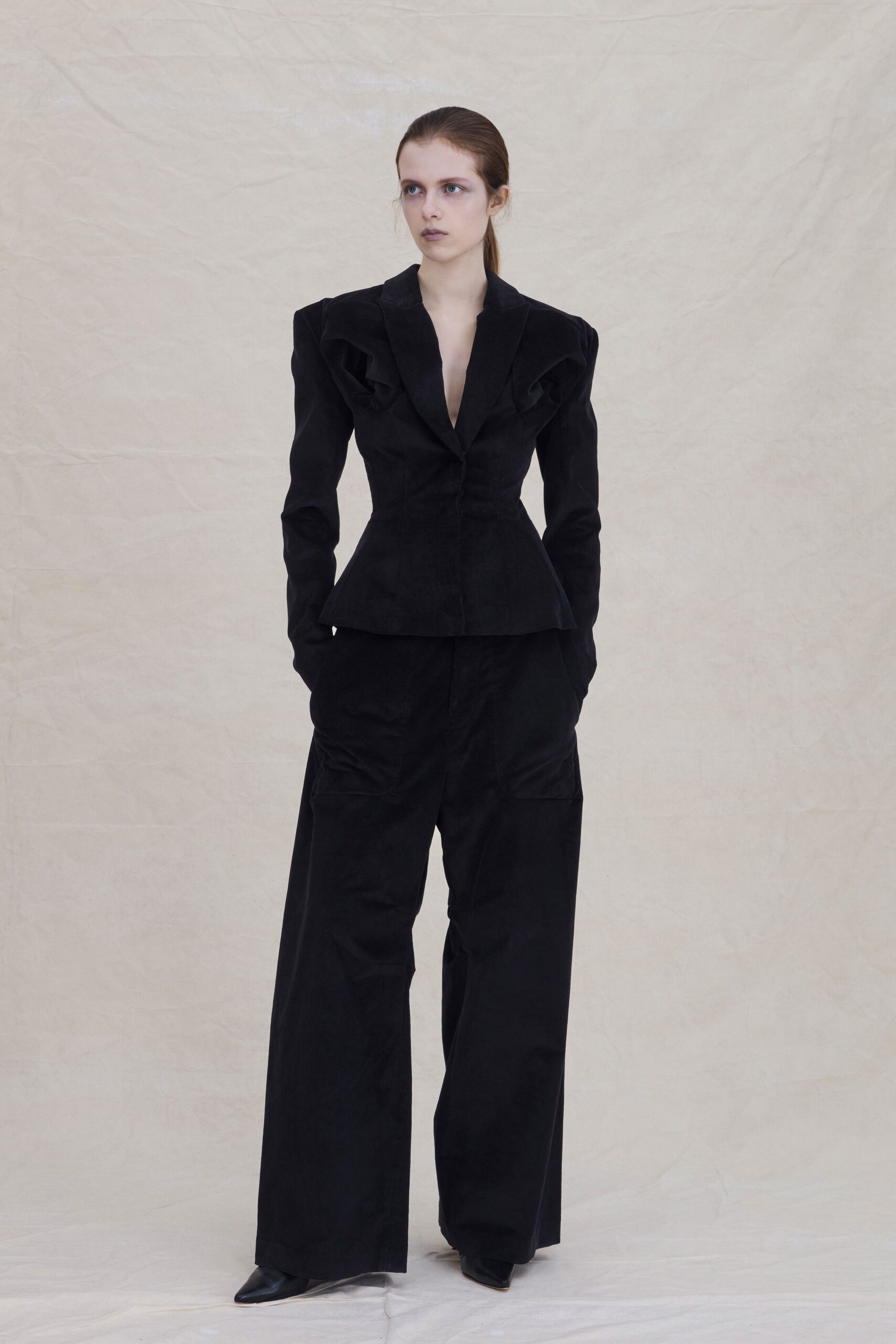 black cotton long-sleeve v-neck structured buttoned blazer