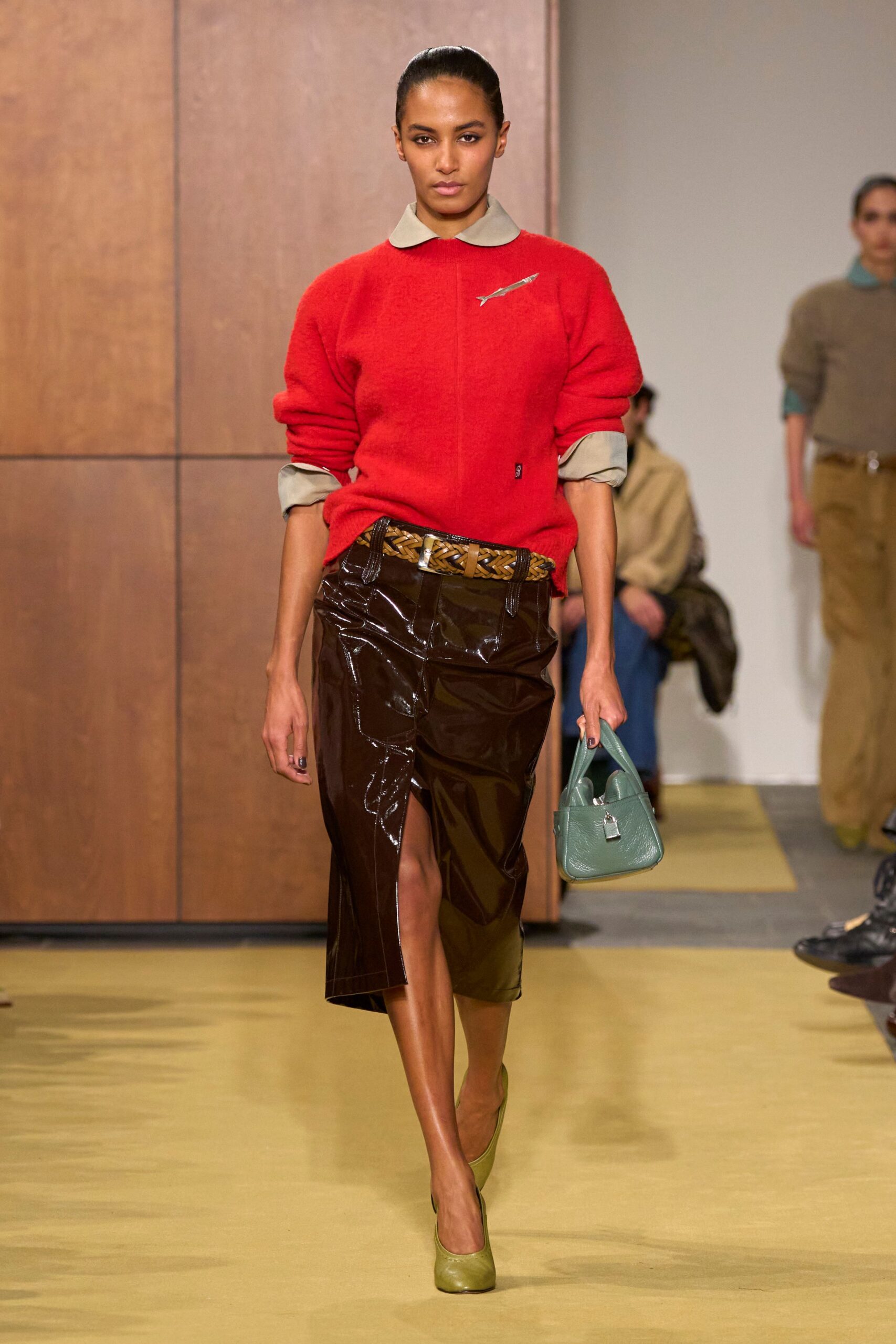 red wool long-sleeve collared fitted embroidered sweater