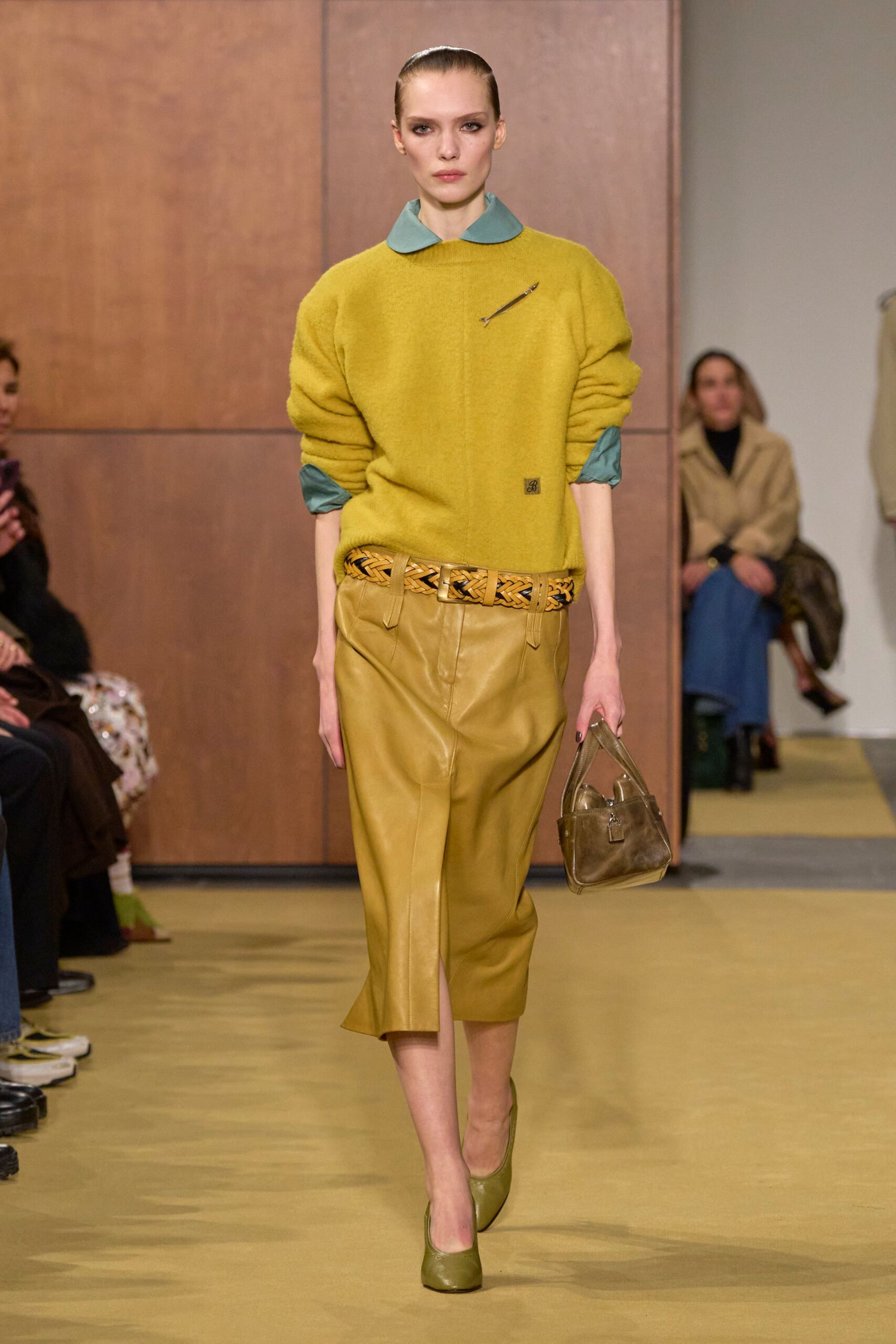 yellow wool long-sleeve collared relaxed sweater