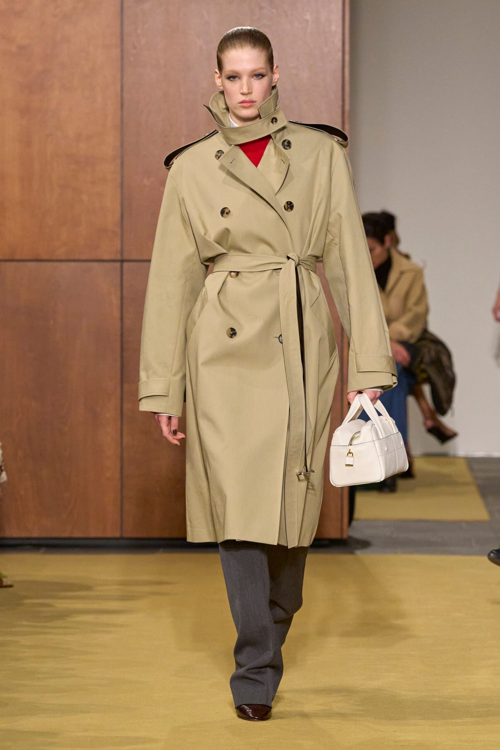 beige cotton long-sleeve collared relaxed belted trench