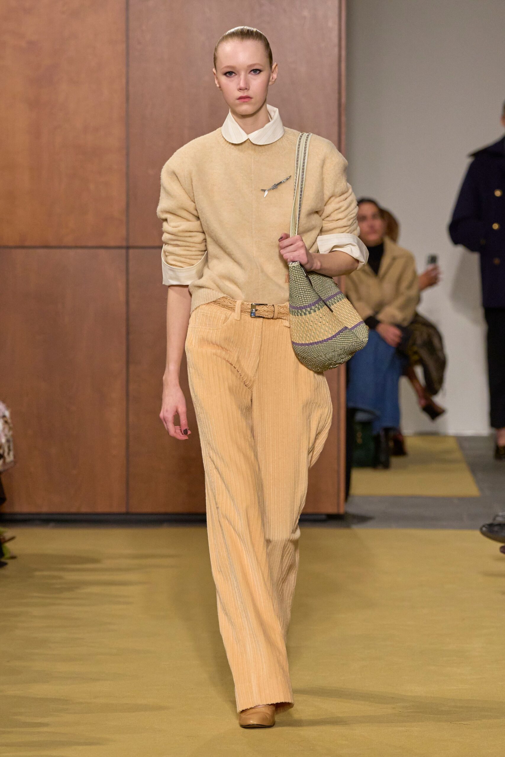 orange cotton fitted high-waisted pleated pants