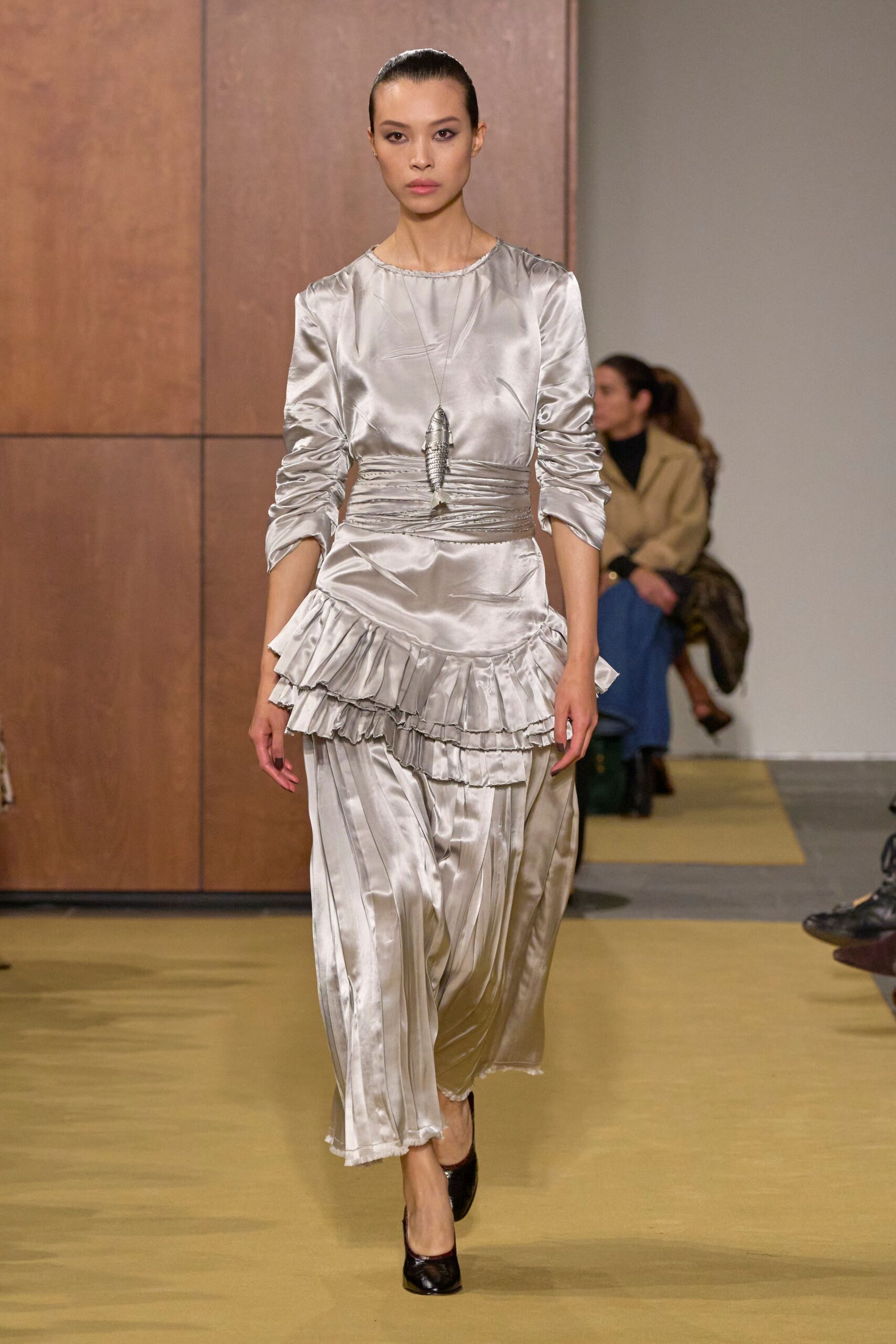 gray silk long-sleeve v-neck fitted ruffled pleated dress