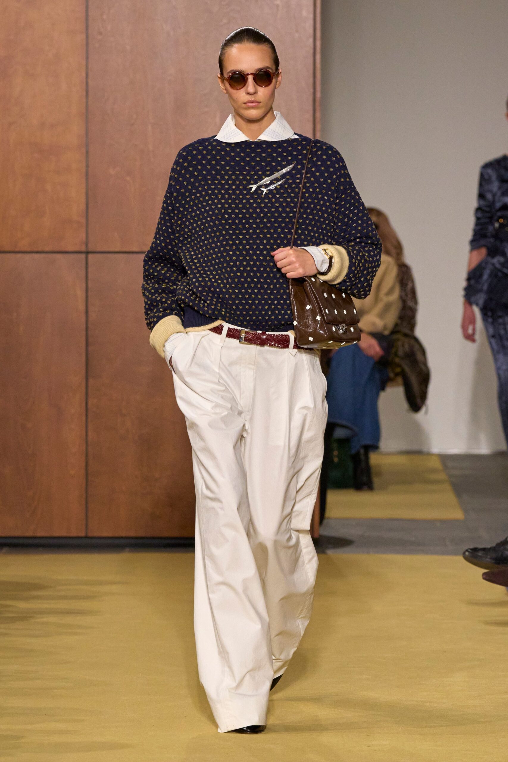 blue cotton long-sleeve collared relaxed polka-dot sweater