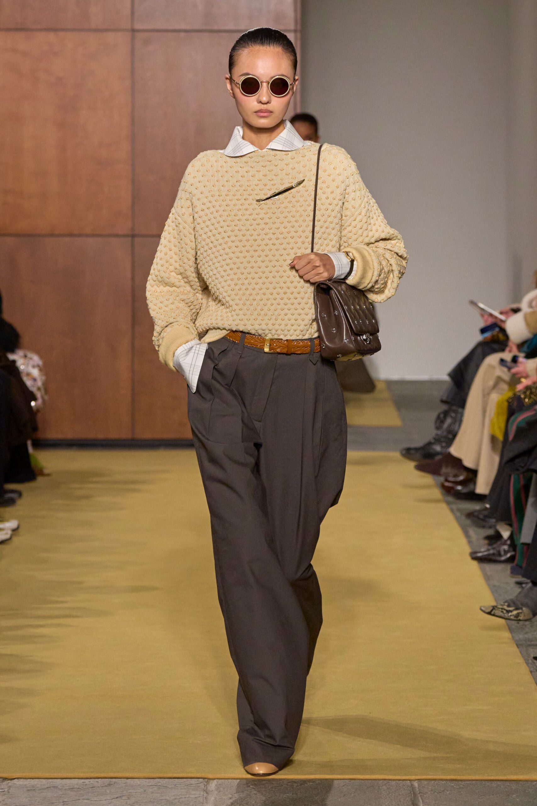 yellow cotton long-sleeve collared relaxed textured sweater
