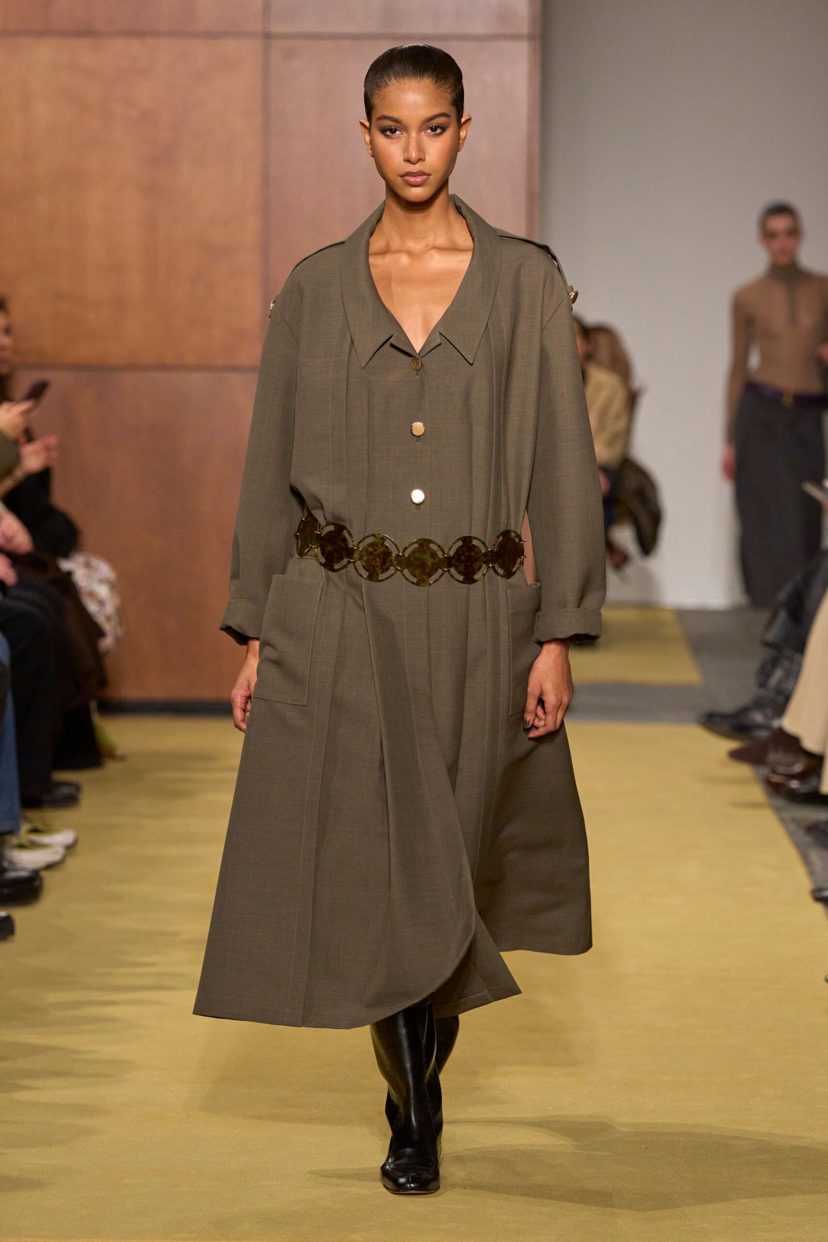 green cotton long-sleeve collared relaxed buttoned belted dress