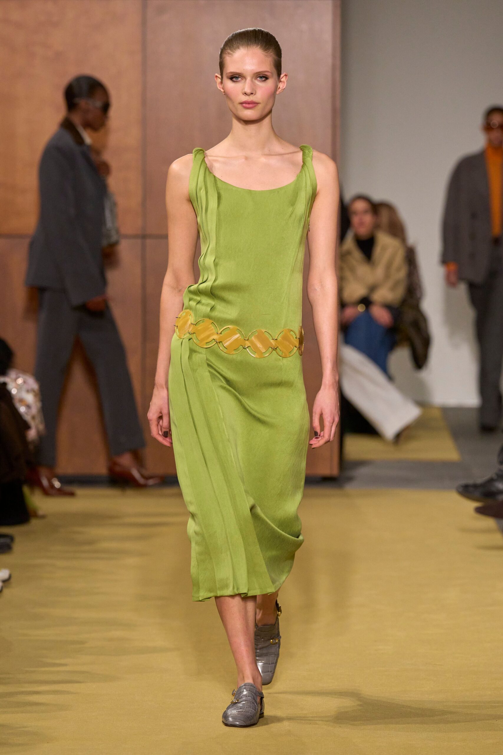 green silk sleeveless square-neck fitted pleated belted dress