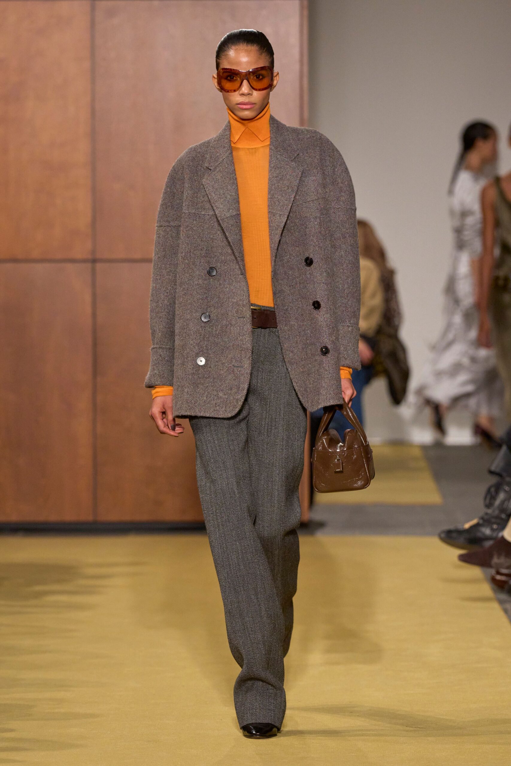 brown wool blazer with orange top