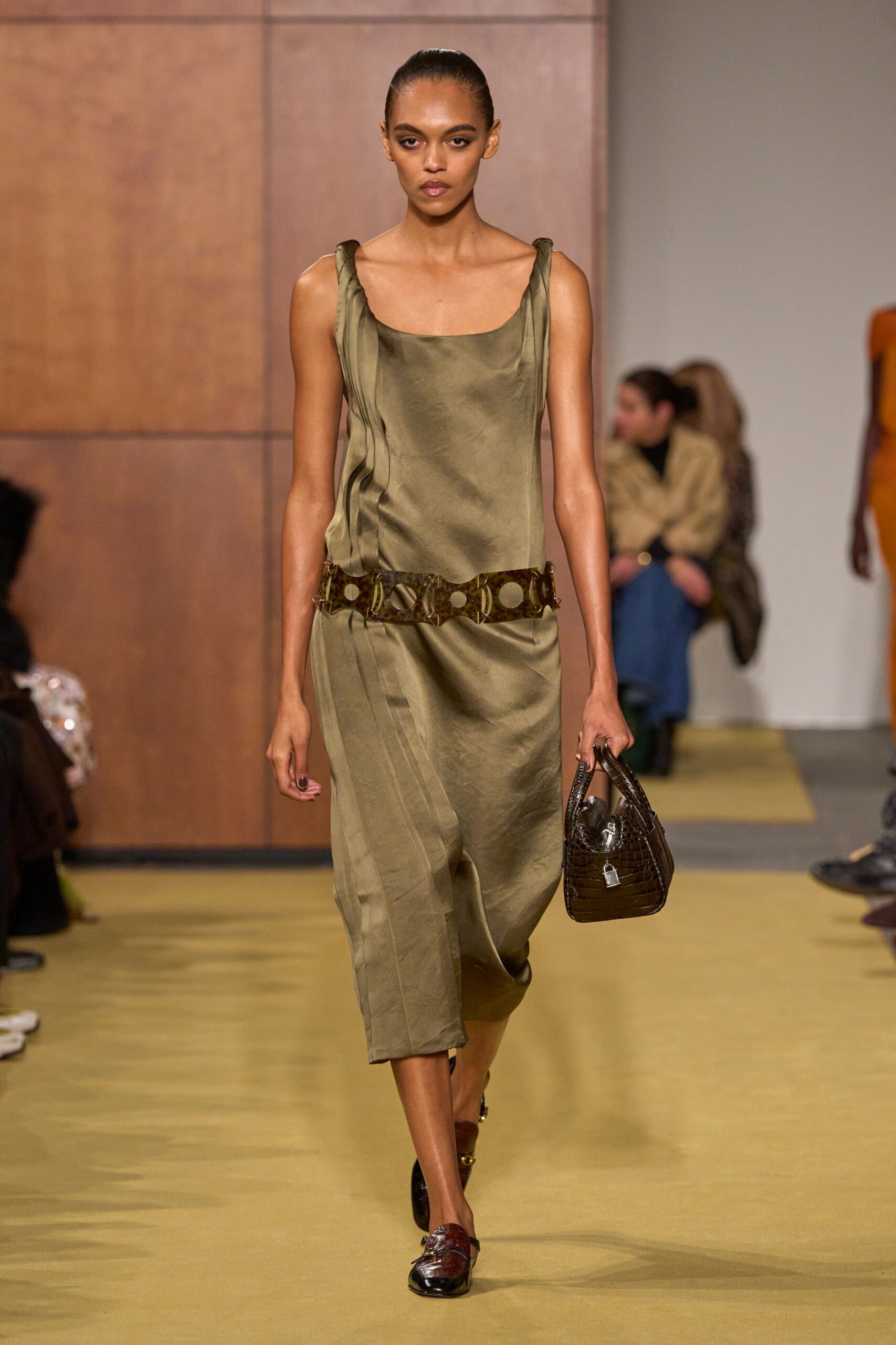 green silk sleeveless square-neck fitted belted midi dress