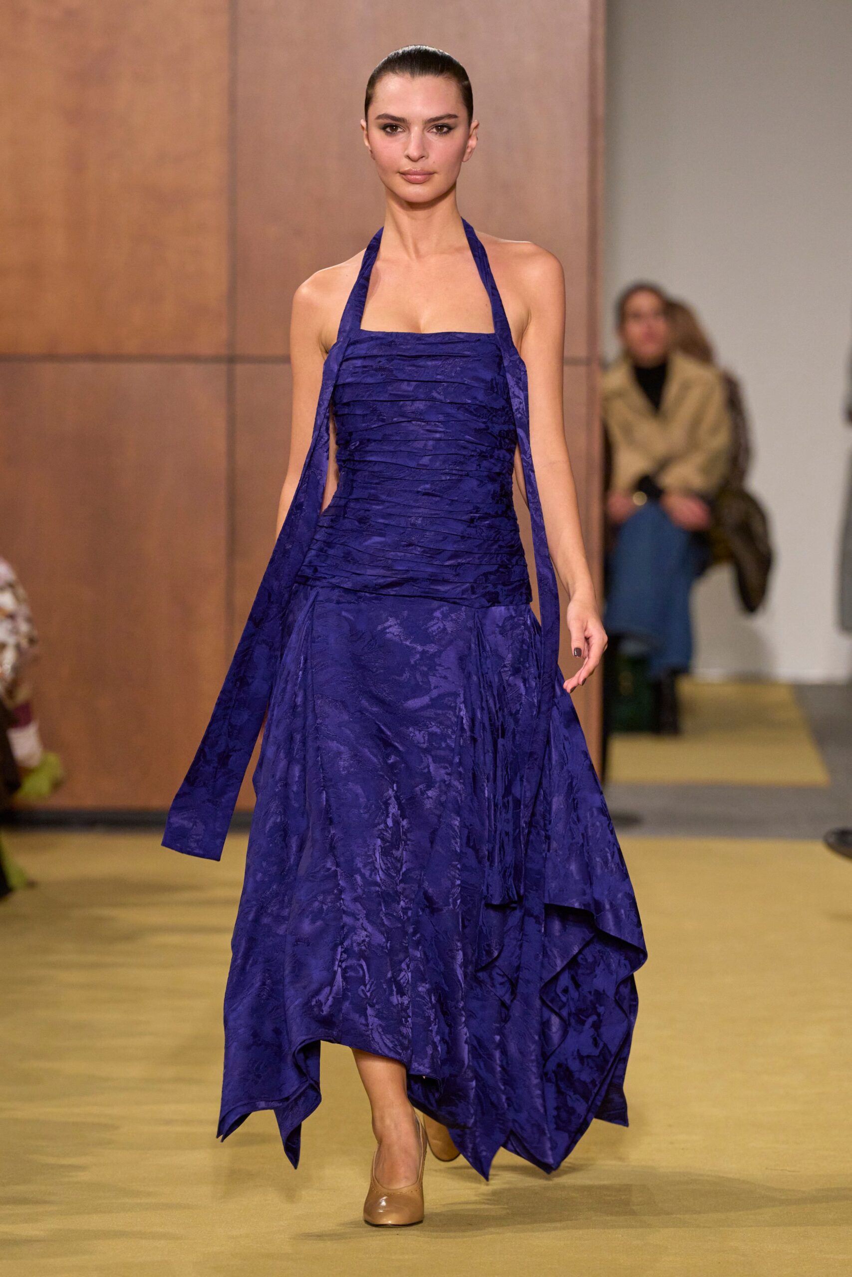purple silk sleeveless halter fitted draped midi dress