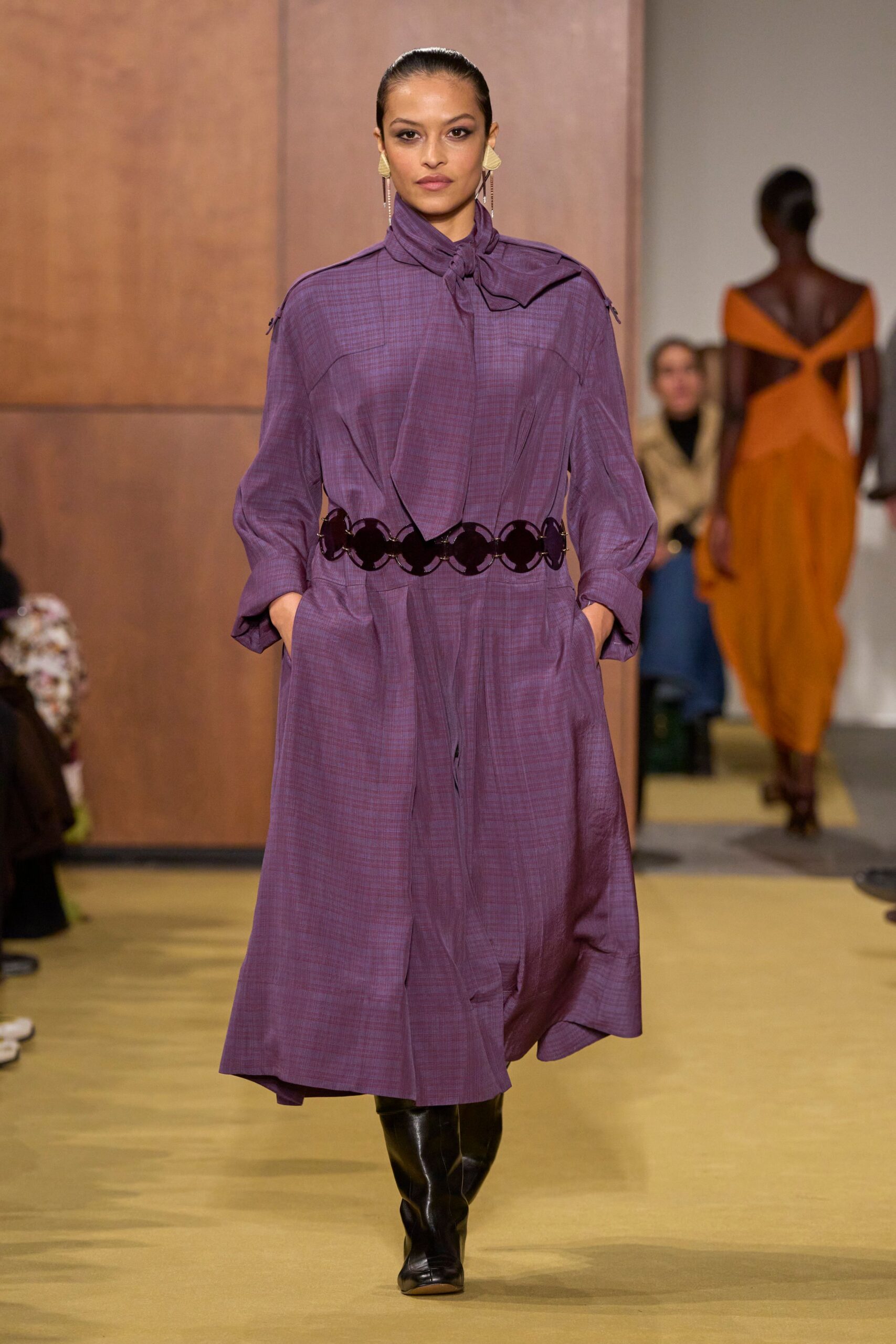 purple cotton long-sleeve collared relaxed pleated belted dress