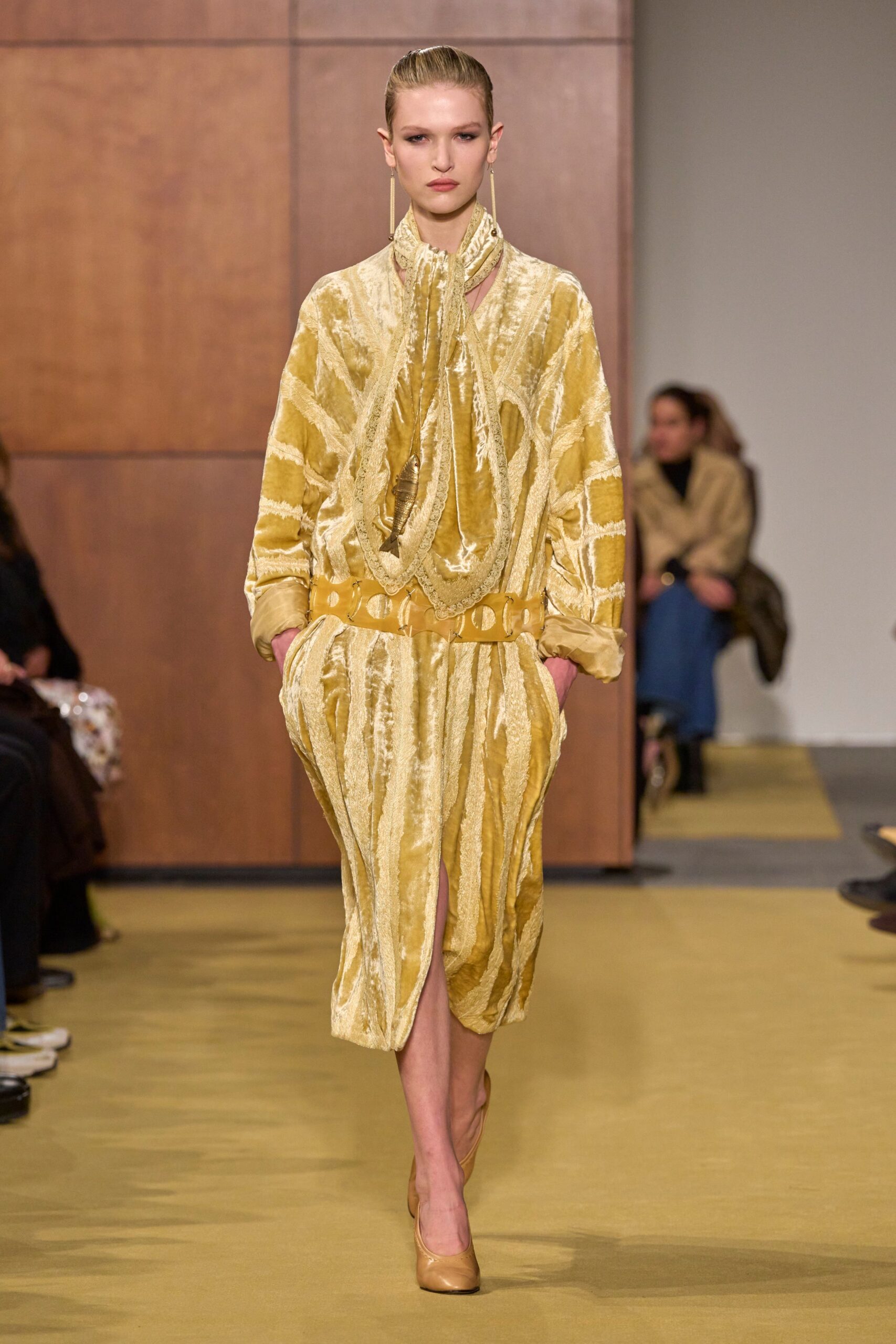yellow silk long-sleeve v-neck relaxed pleated draped dress