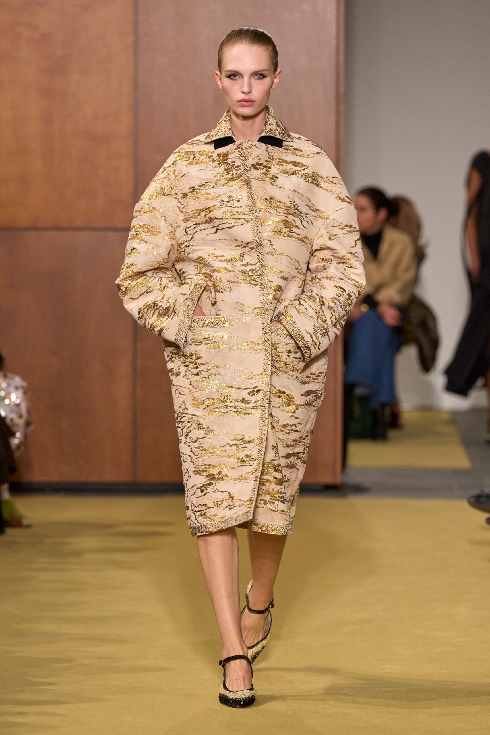 beige silk long-sleeve collared relaxed embroidered midi coat