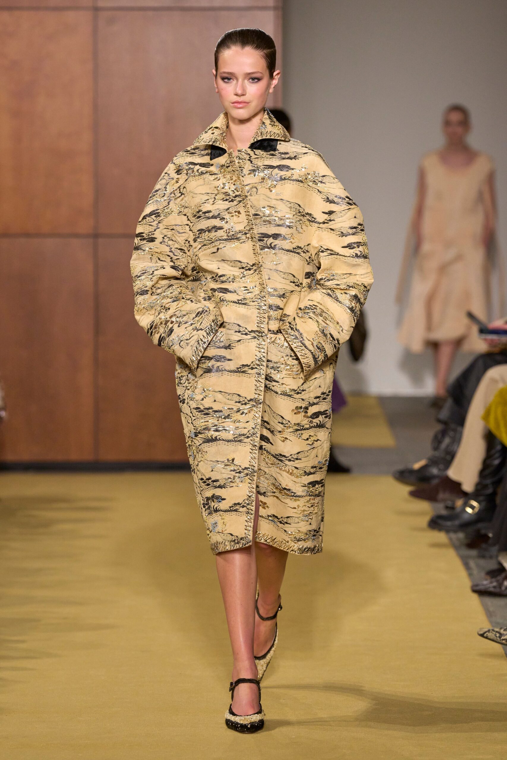 beige cotton long-sleeve collared relaxed printed pockets coat
