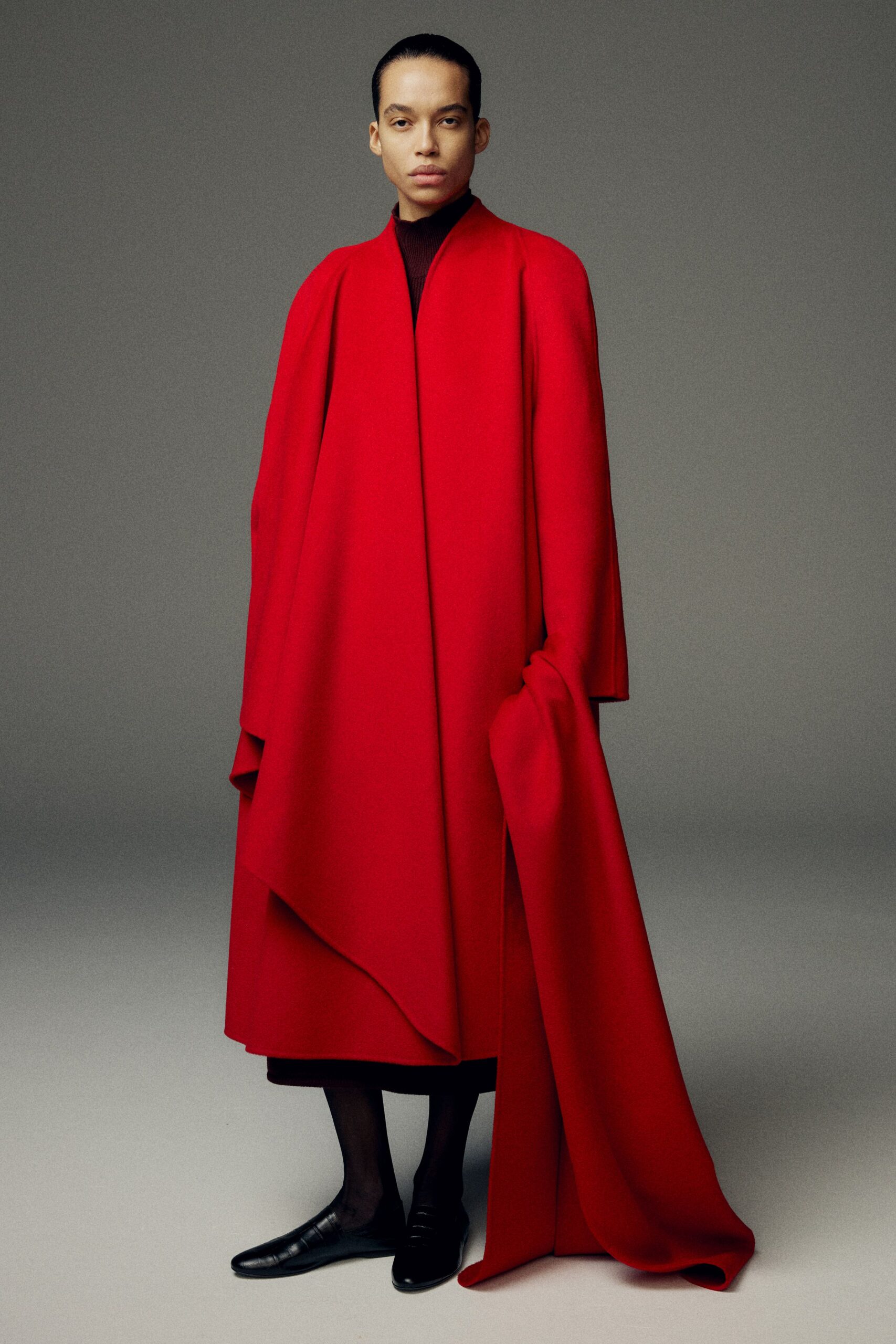 red wool long-sleeve oversized draped maxi cape